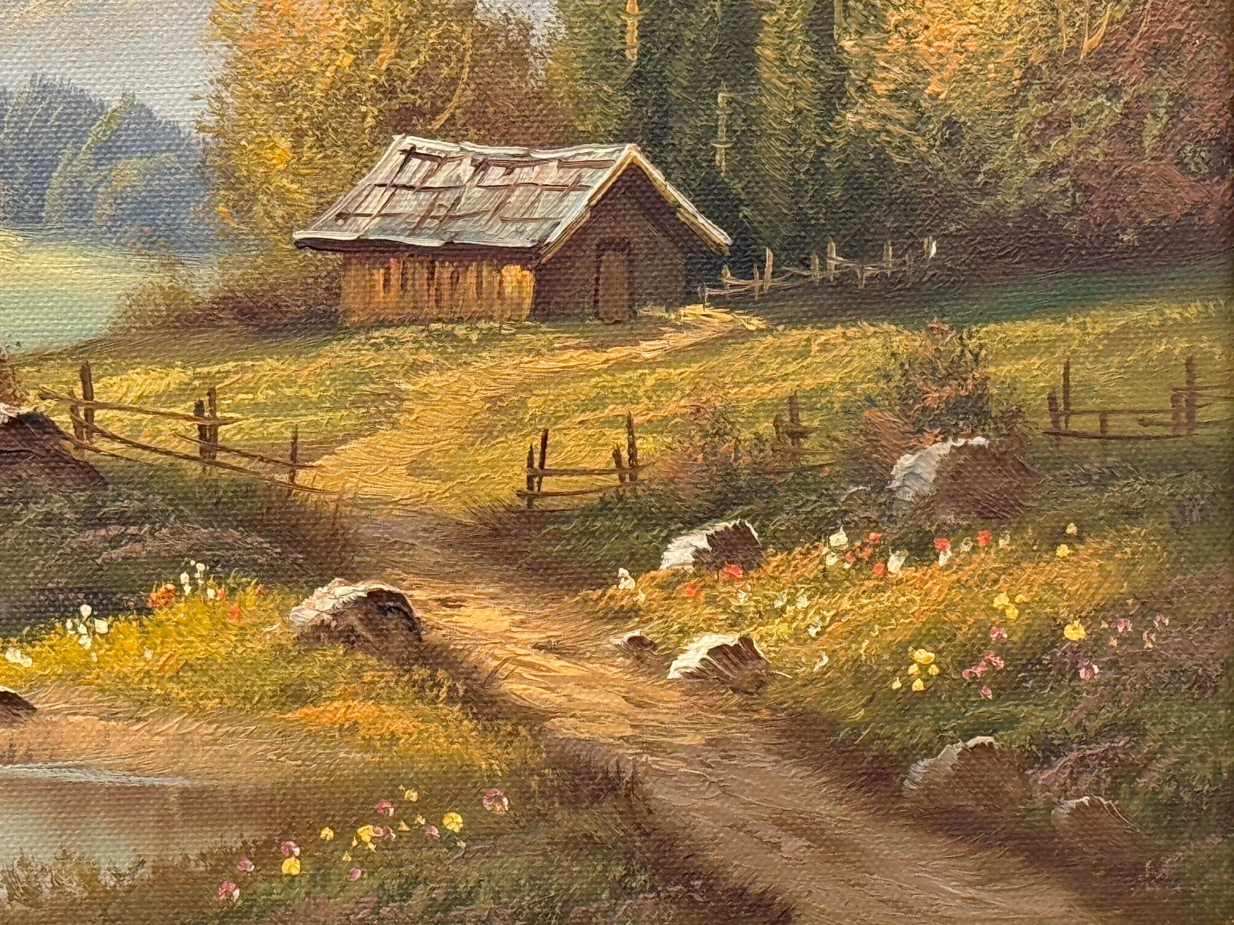 Pittura paesaggistica d'epoca con rifugio alpino di un artista tedesco del XX secolo in vendita 7
