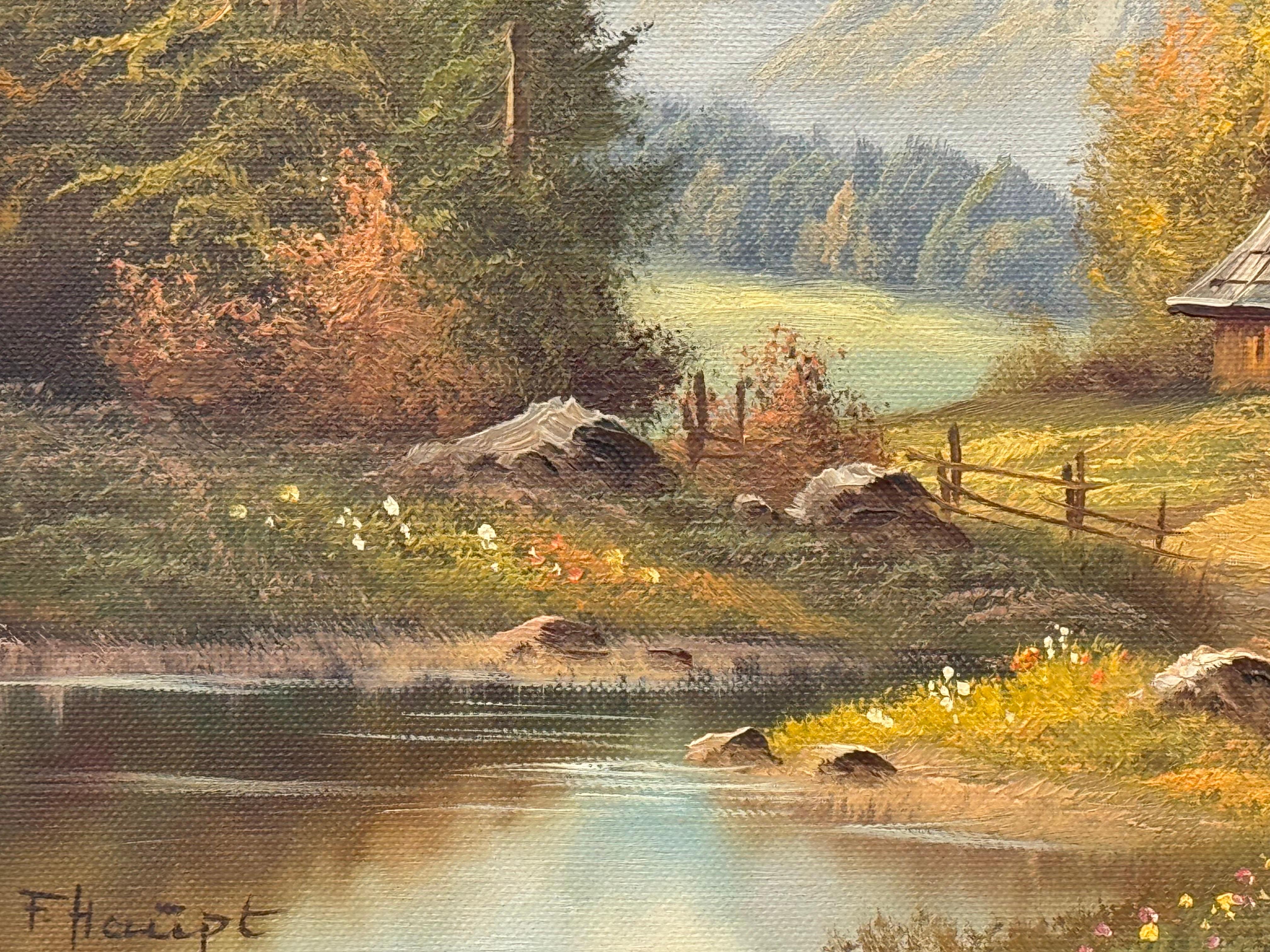 Pittura paesaggistica d'epoca con rifugio alpino di un artista tedesco del XX secolo in vendita 8