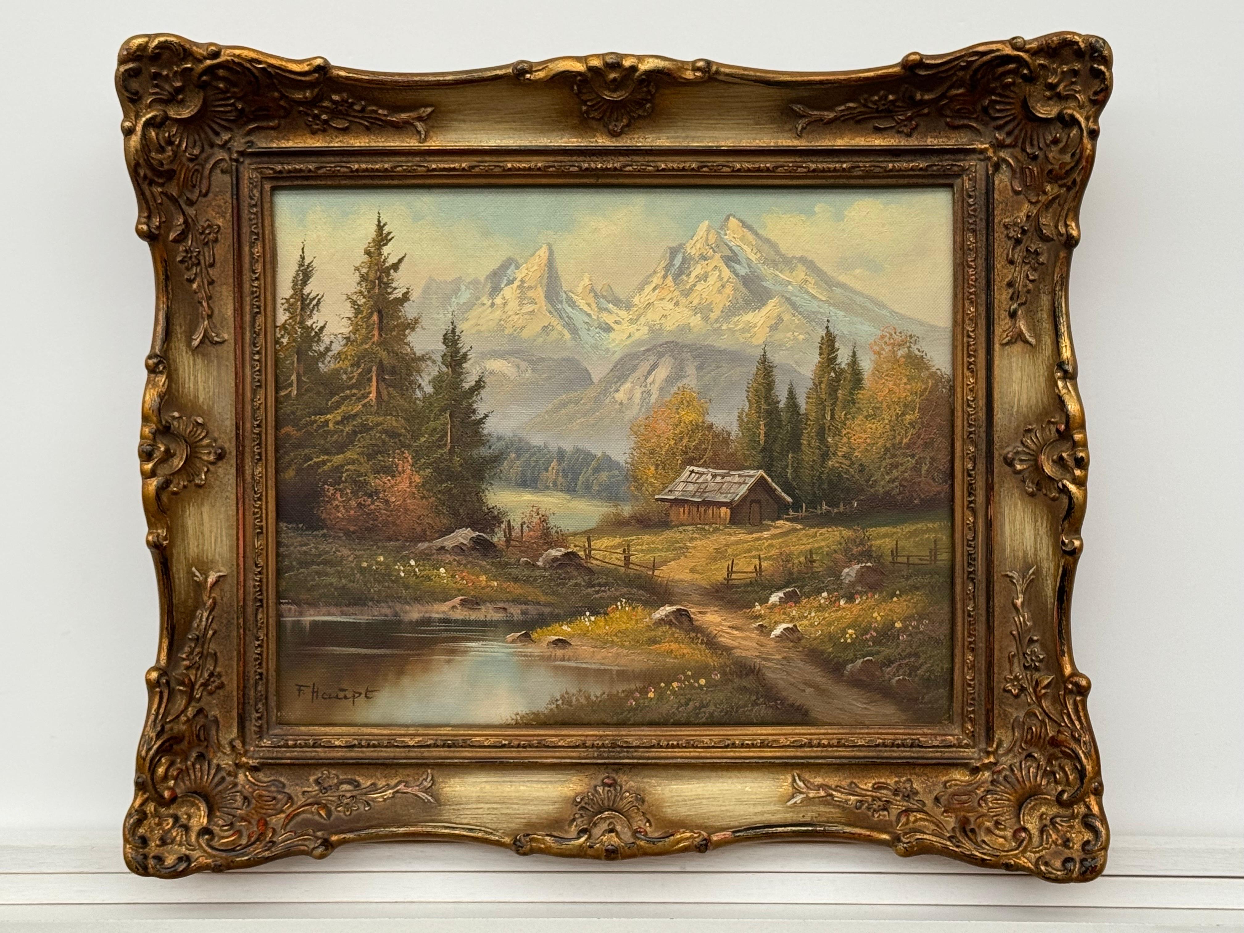 Pittura paesaggistica d'epoca con rifugio alpino di un artista tedesco del XX secolo in vendita 10