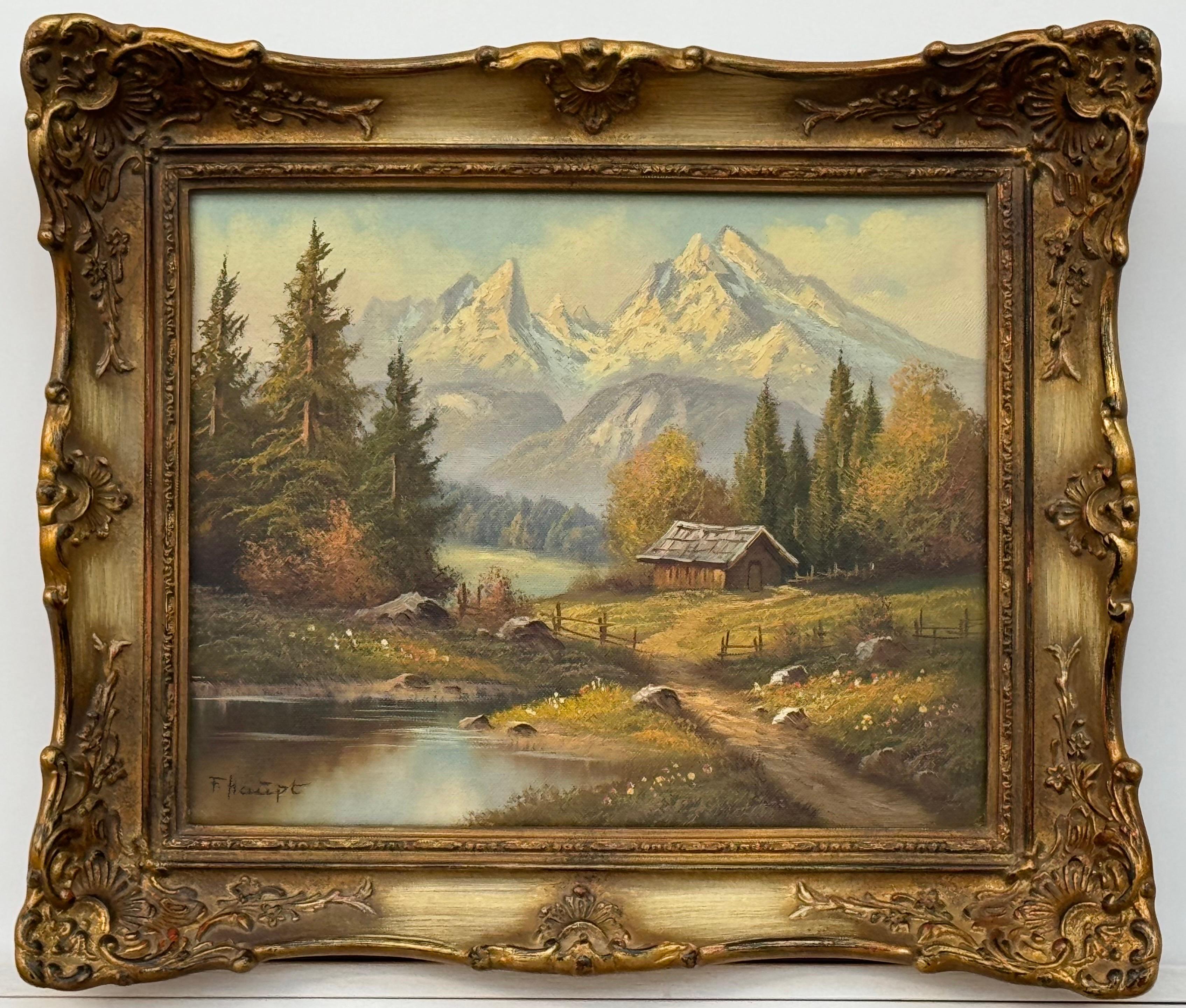Pittura paesaggistica d'epoca con rifugio alpino di un artista tedesco del XX secolo in vendita 11