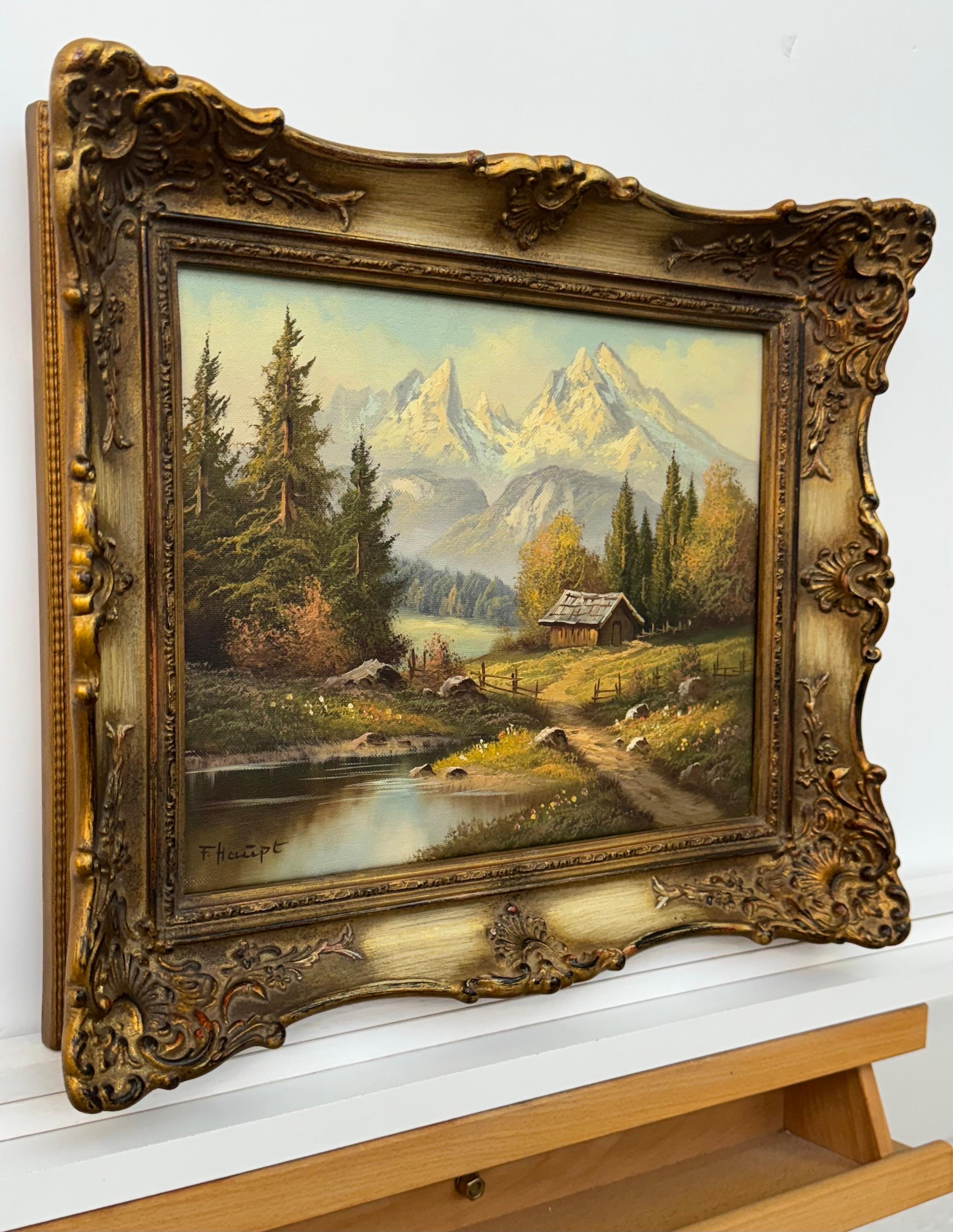 Pittura paesaggistica d'epoca con rifugio alpino di un artista tedesco del XX secolo - Painting di Fritz Haupt