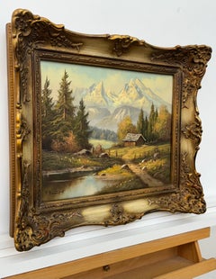 Alpine Mountain Hut Vintage Landscape Painting by 20th Century German Artist