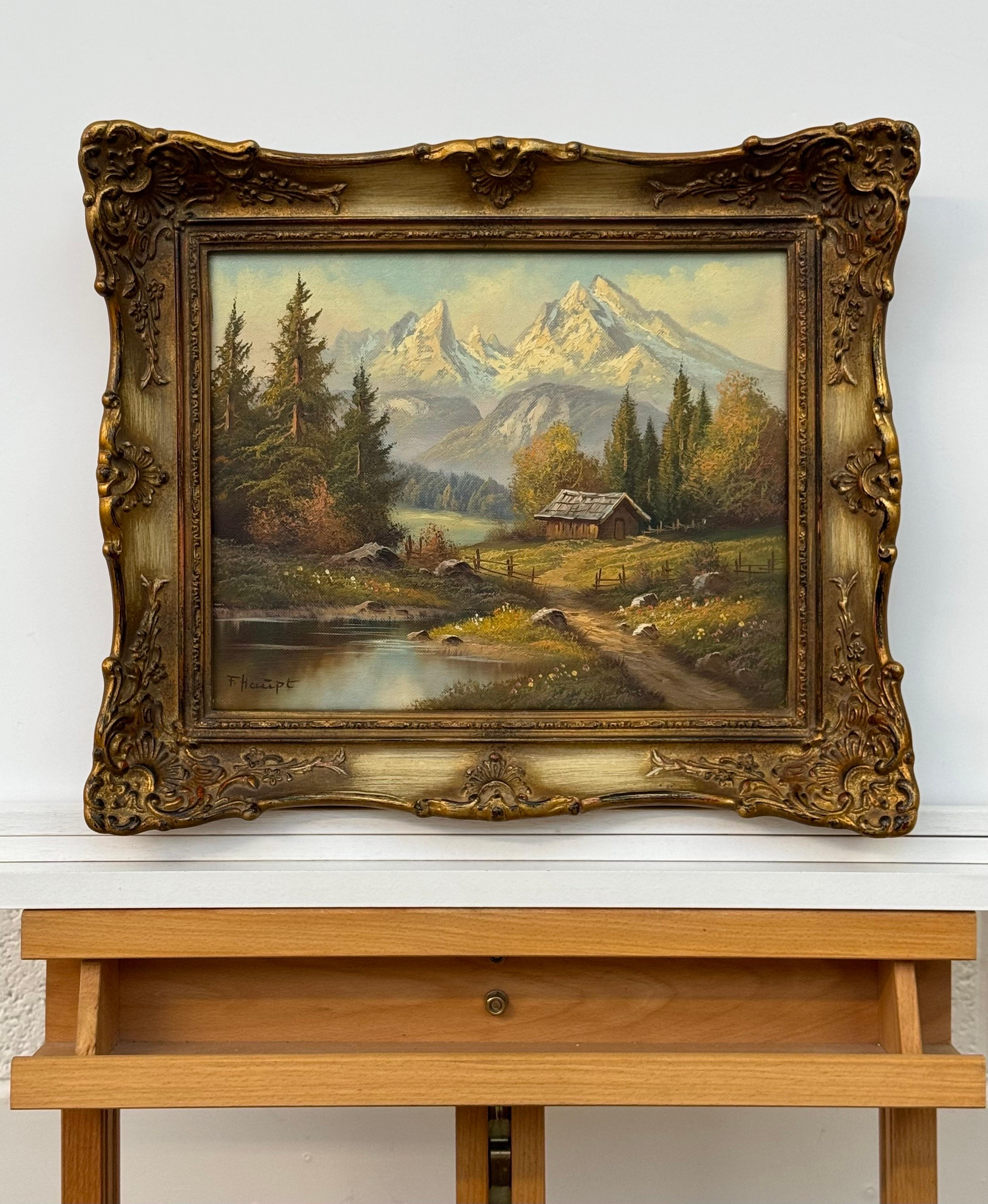 Pittura paesaggistica d'epoca con rifugio alpino di un artista tedesco del XX secolo - Painting Realismo di Fritz Haupt