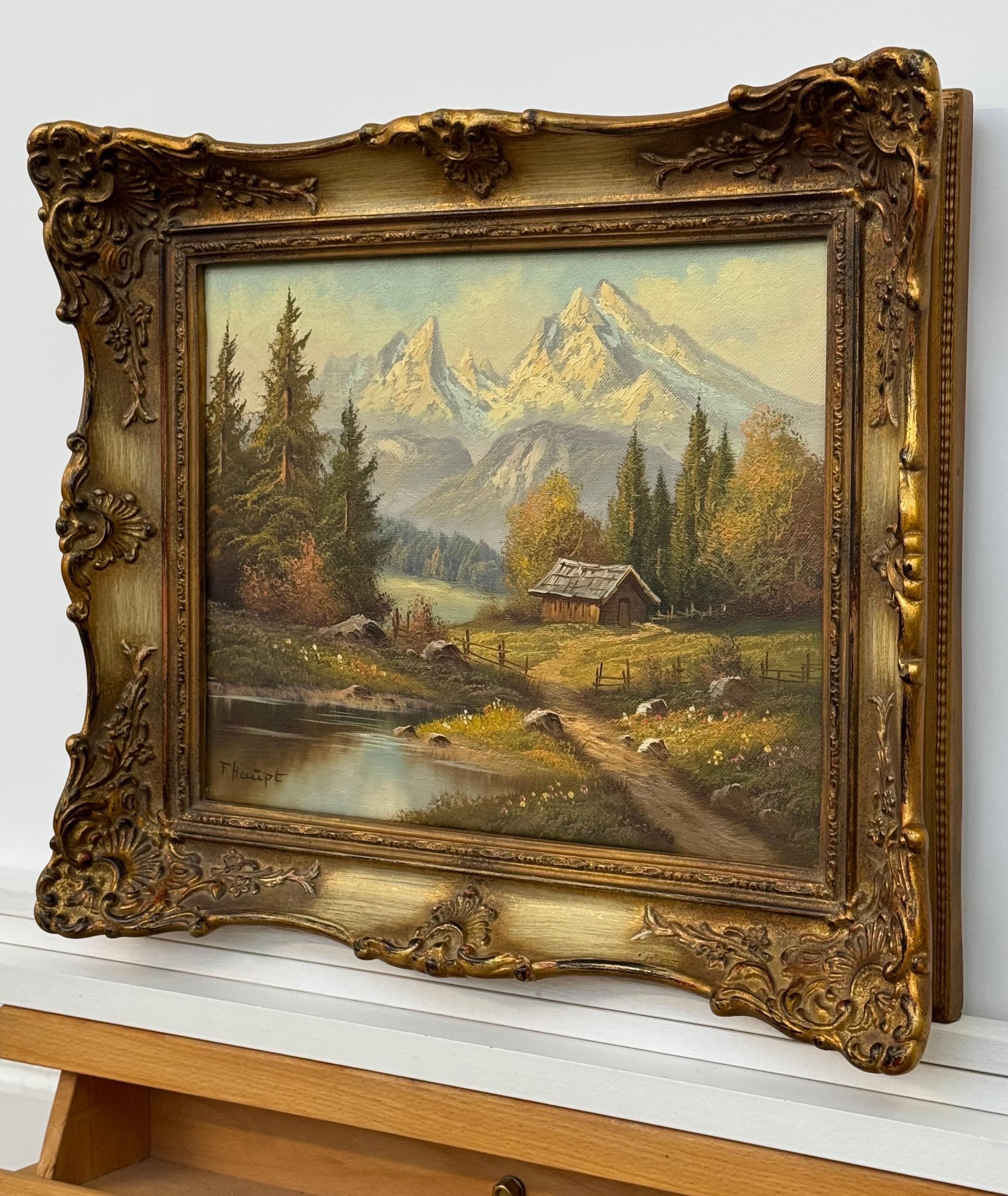 Pittura paesaggistica d'epoca con rifugio alpino di un artista tedesco del XX secolo - Figurative Painting Marrone di Fritz Haupt