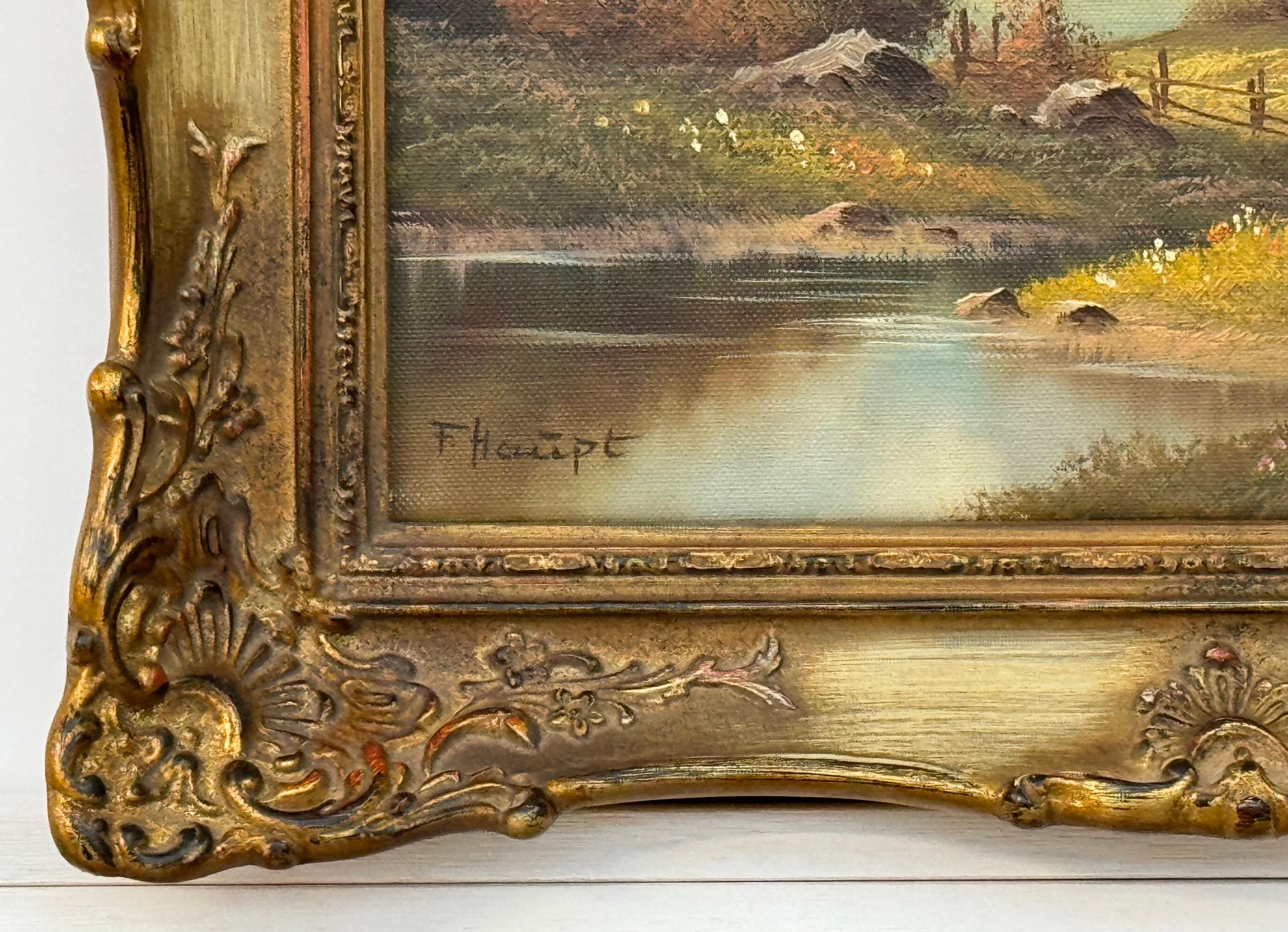 Rifugio alpino - Quadro paesaggistico d'epoca dell'artista tedesco del XX secolo Fritz Haupt

L'arte misura 11 x 9 pollici 
La cornice misura 15 x 13 pollici 

Questo raffinato dipinto di F. Haupt cattura la tranquilla bellezza di un idilliaco