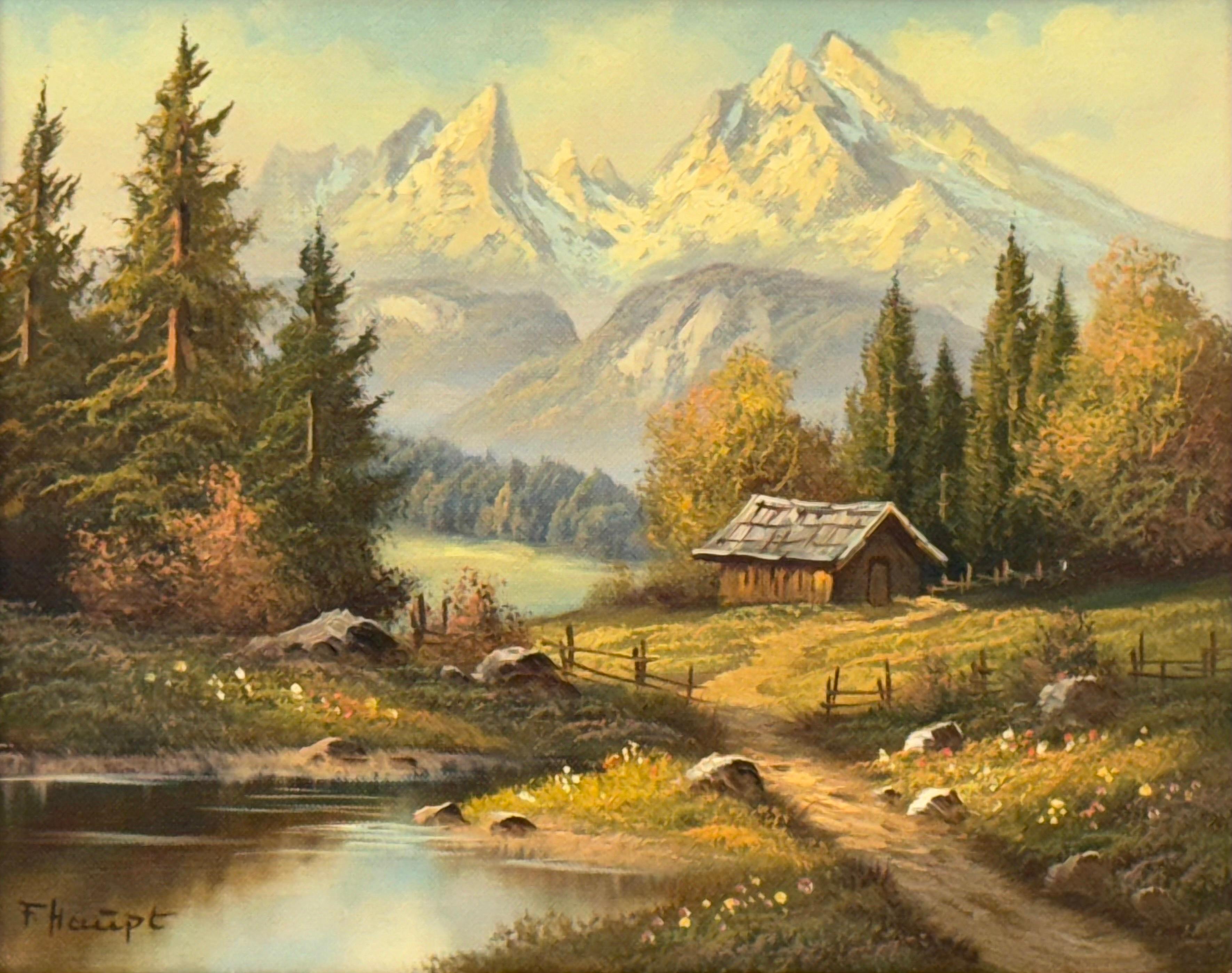 Pittura paesaggistica d'epoca con rifugio alpino di un artista tedesco del XX secolo in vendita 4