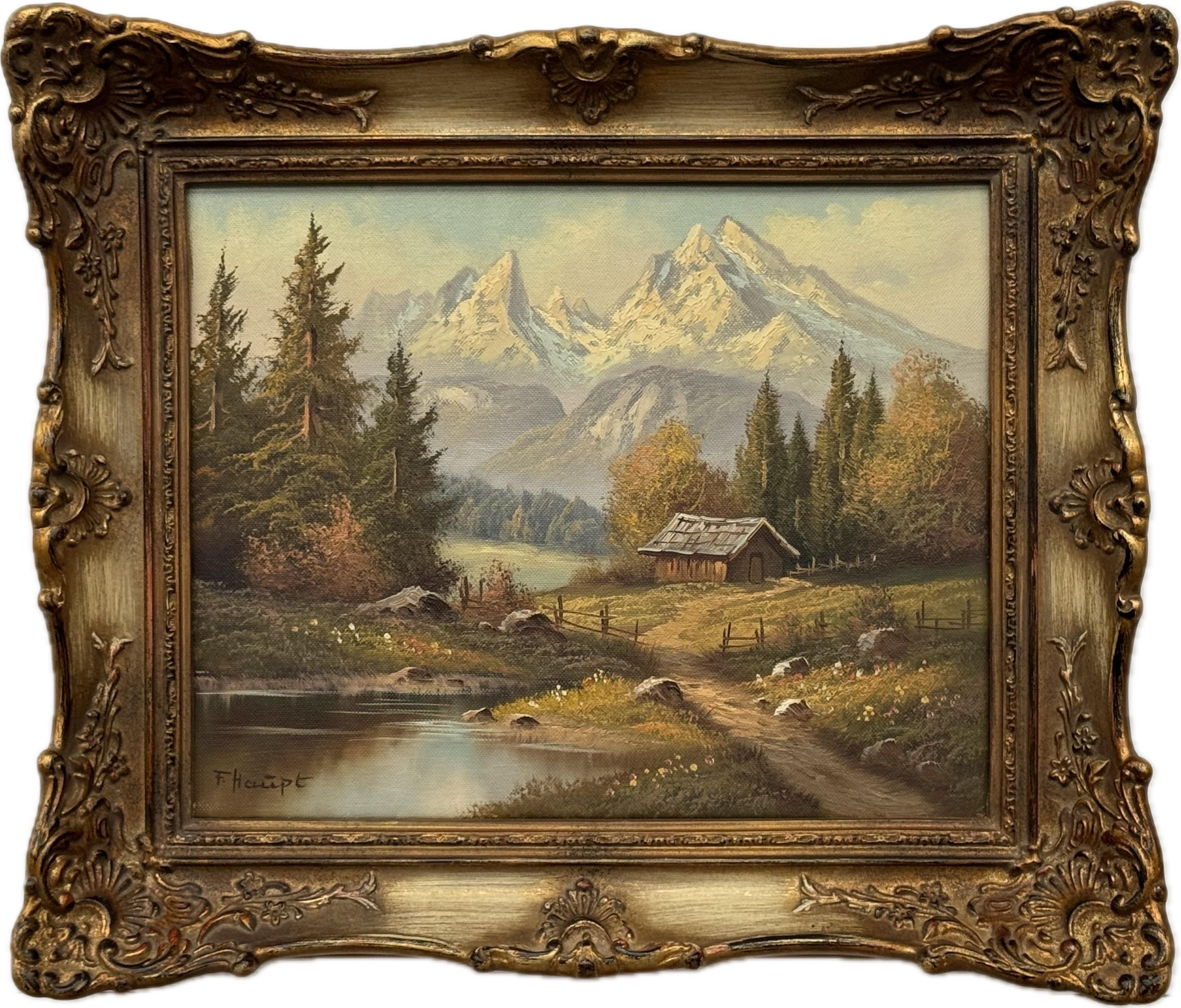 Alpine Mountain Hut Vintage Landscape Painting by 20th Century German Artist
