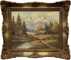 Alpine Mountain Hut Vintage Landscape Painting by 20th Century German artist