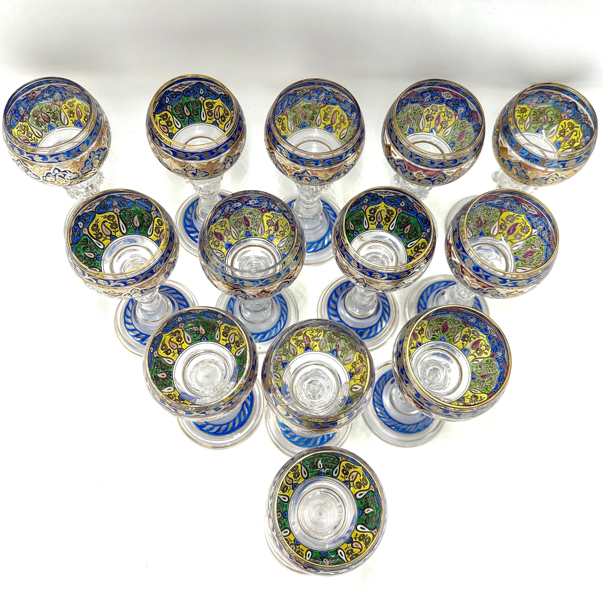Fritz Heckert Bohemian Enameled Goblet Set of 13 – 19th Century Luxury Glassware

This exquisite set of 13 x enameled Bohemian goblets is attributed to Fritz Heckert, a renowned 19th-century glassmaker known for his elaborate, hand-decorated