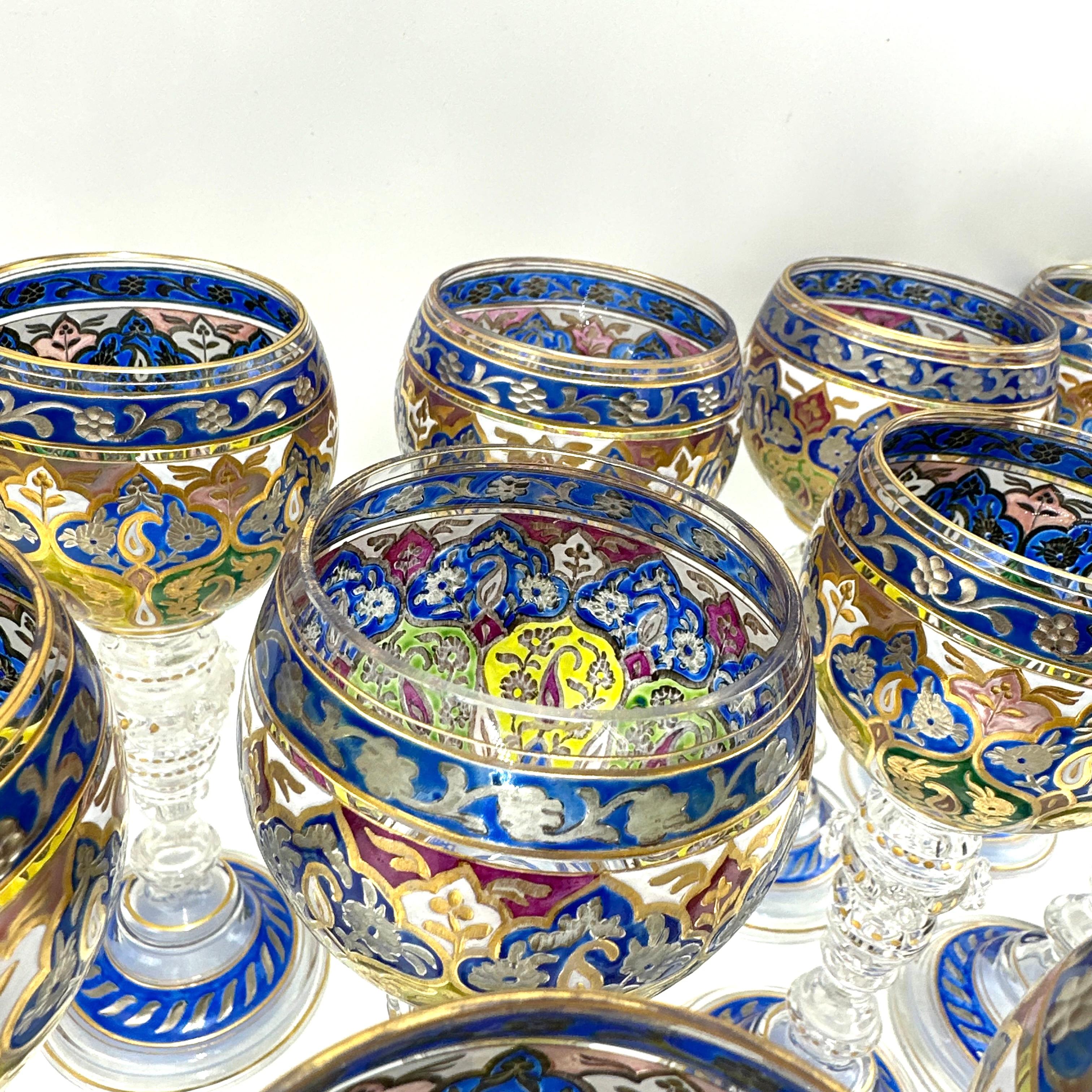 European Fritz Heckert 19th Century Bohemian Enameled Goblet Set of 13