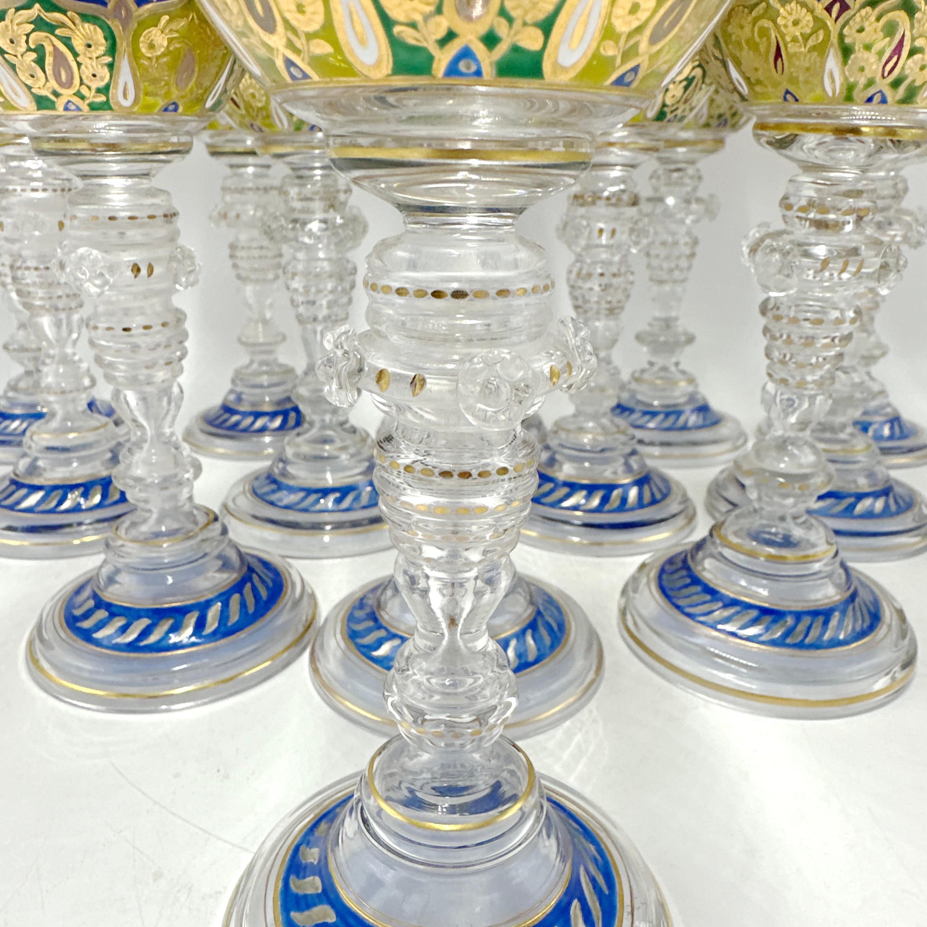 Blown Glass Fritz Heckert 19th Century Bohemian Enameled Goblet Set of 13