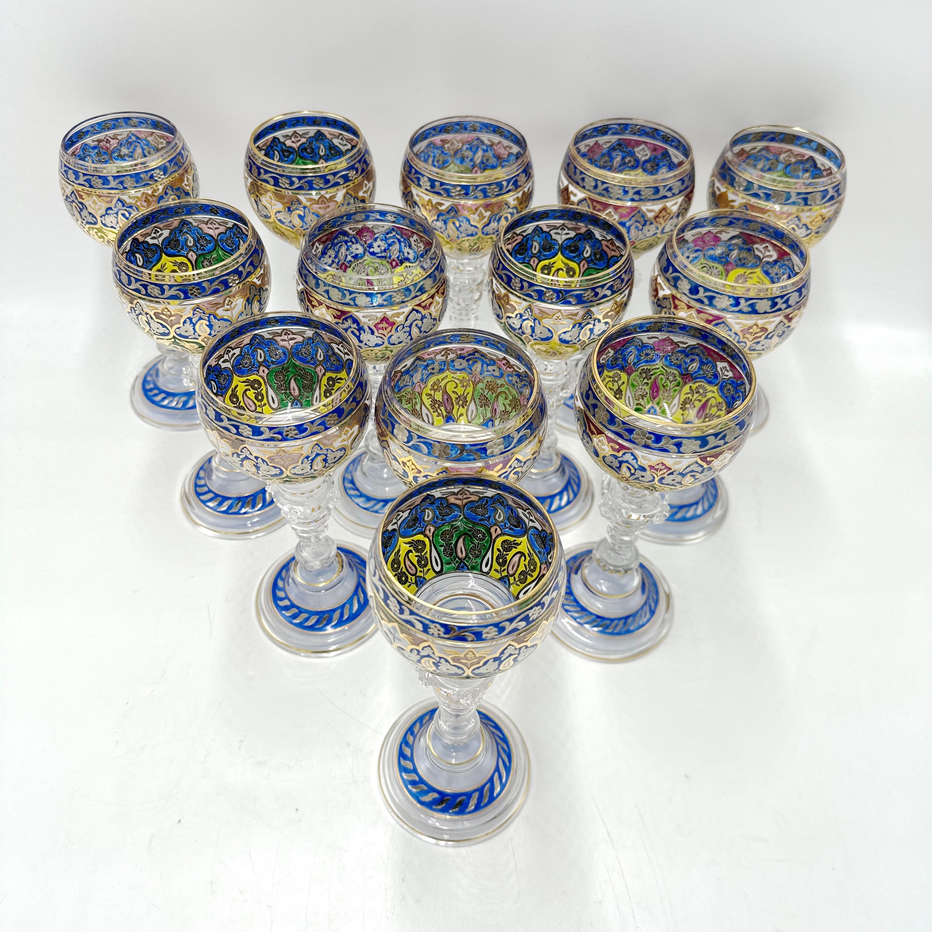 Fritz Heckert 19th Century Bohemian Enameled Goblet Set of 13 1