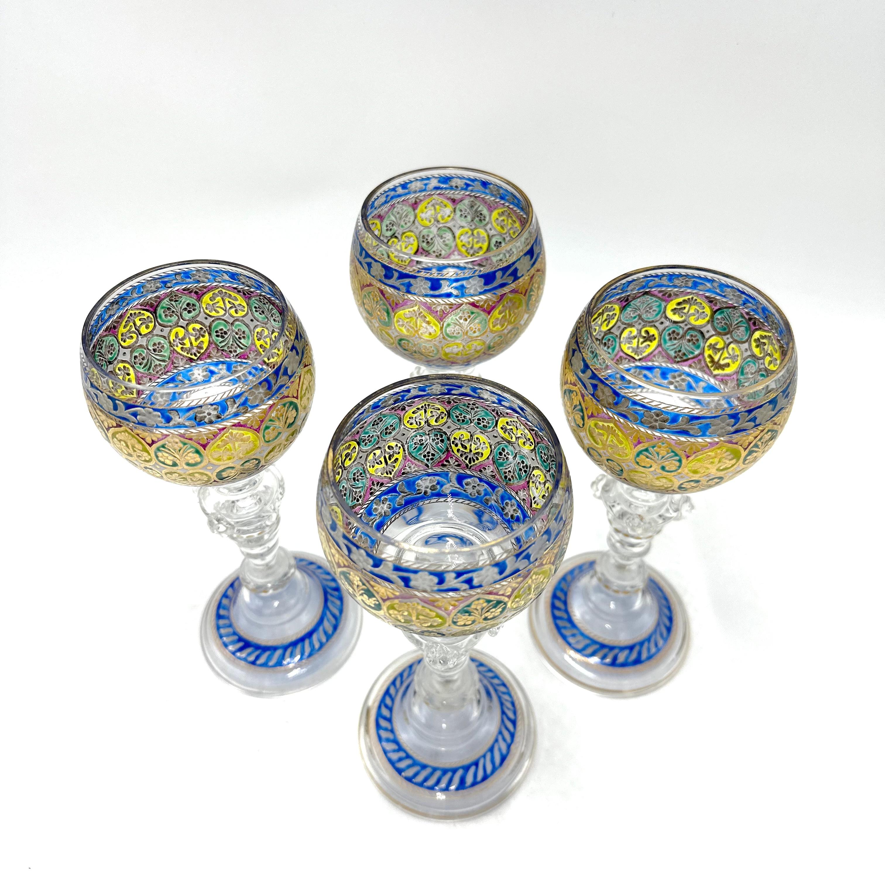 Fritz Heckert 19th Century Bohemian Enameled Goblet Set of 4 In Good Condition For Sale In Victoria, BC