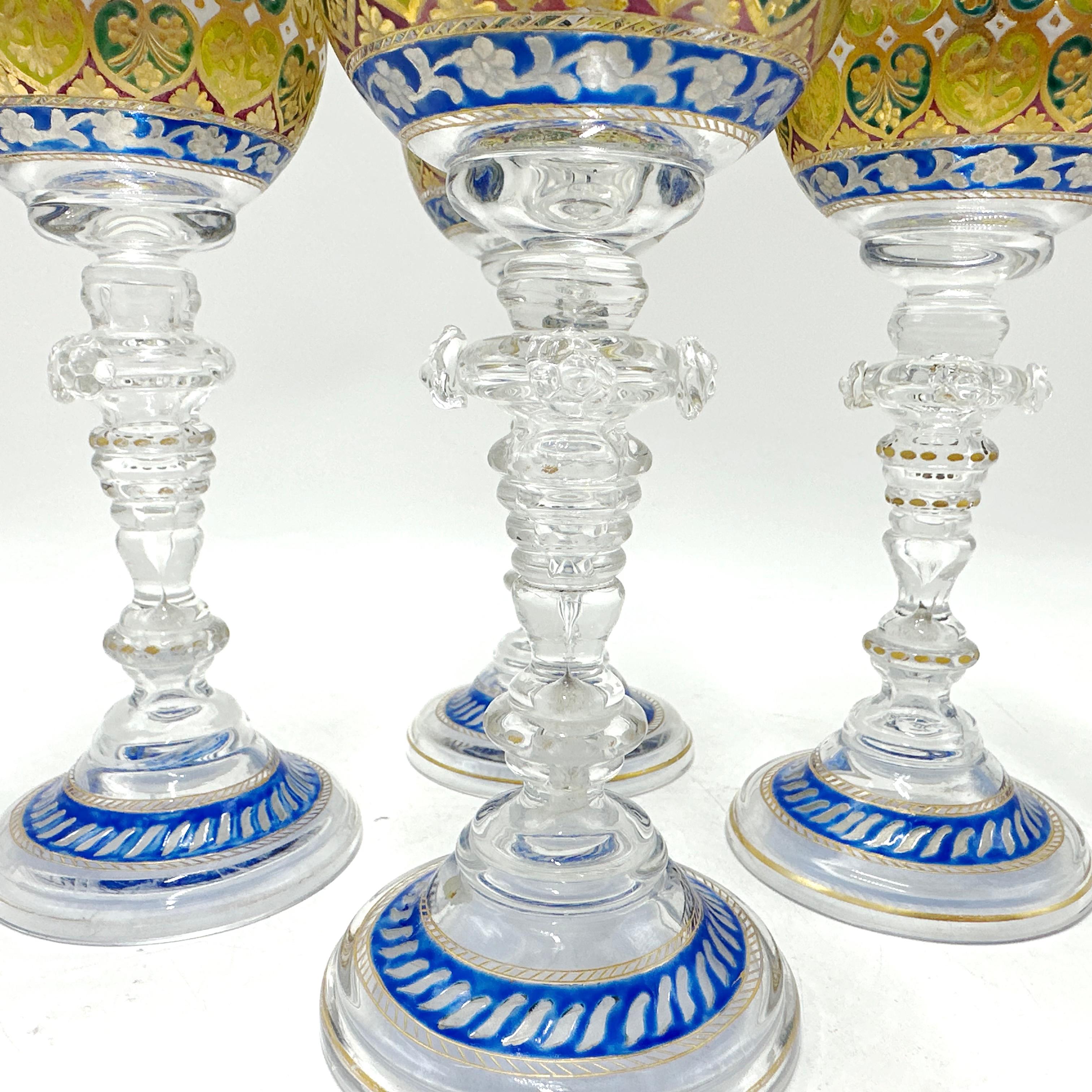 Blown Glass Fritz Heckert 19th Century Bohemian Enameled Goblet Set of 4 For Sale