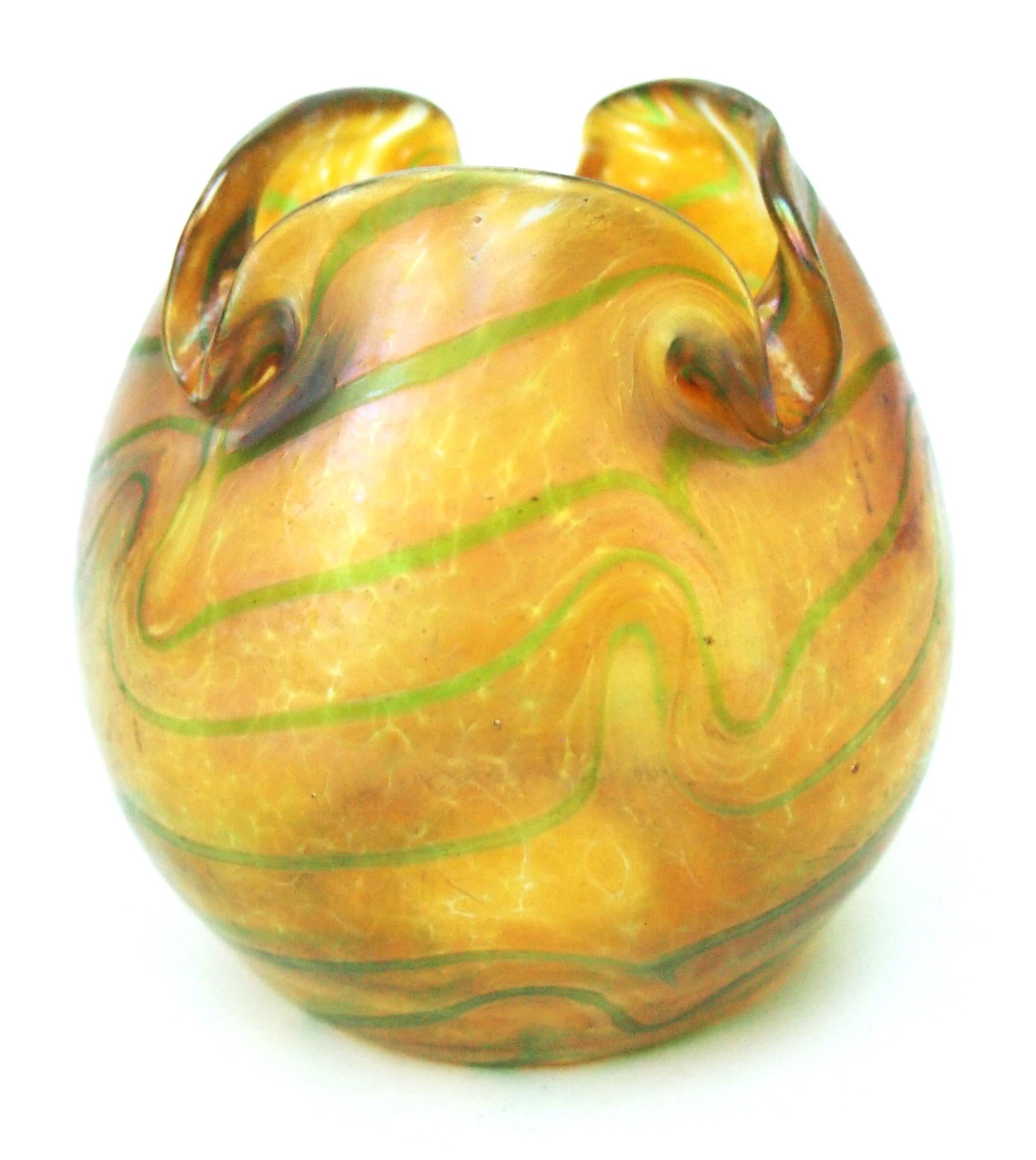 Stunning, small, open top globe like Fritz Heckert iridised Vase -Green banded over brightly iridised orange yellow- Designed by Heckert's protégé and Son-in-Law Otto Thamm -The pattern is called Changeant. The iridisation and combed decoration is