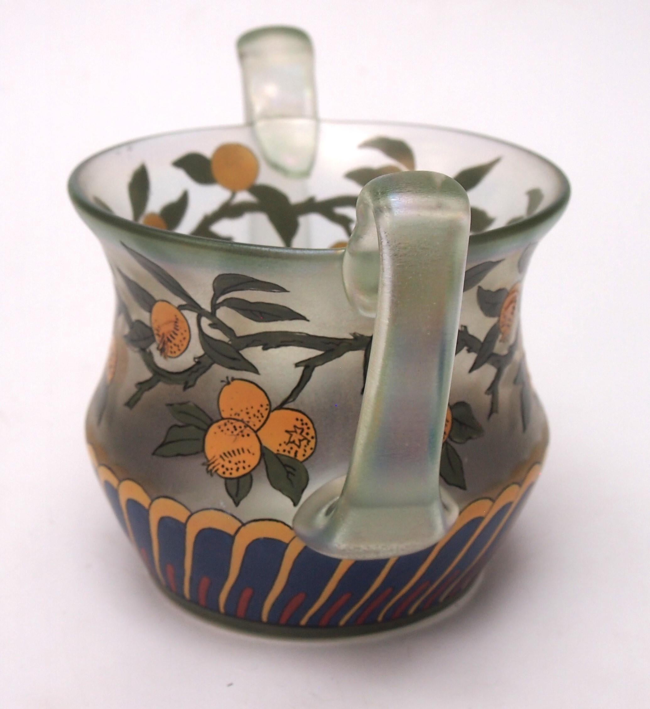 German Fritz Heckert Pomegranate Enamelled 2 handled glass vase design by Max Rade 1900 For Sale