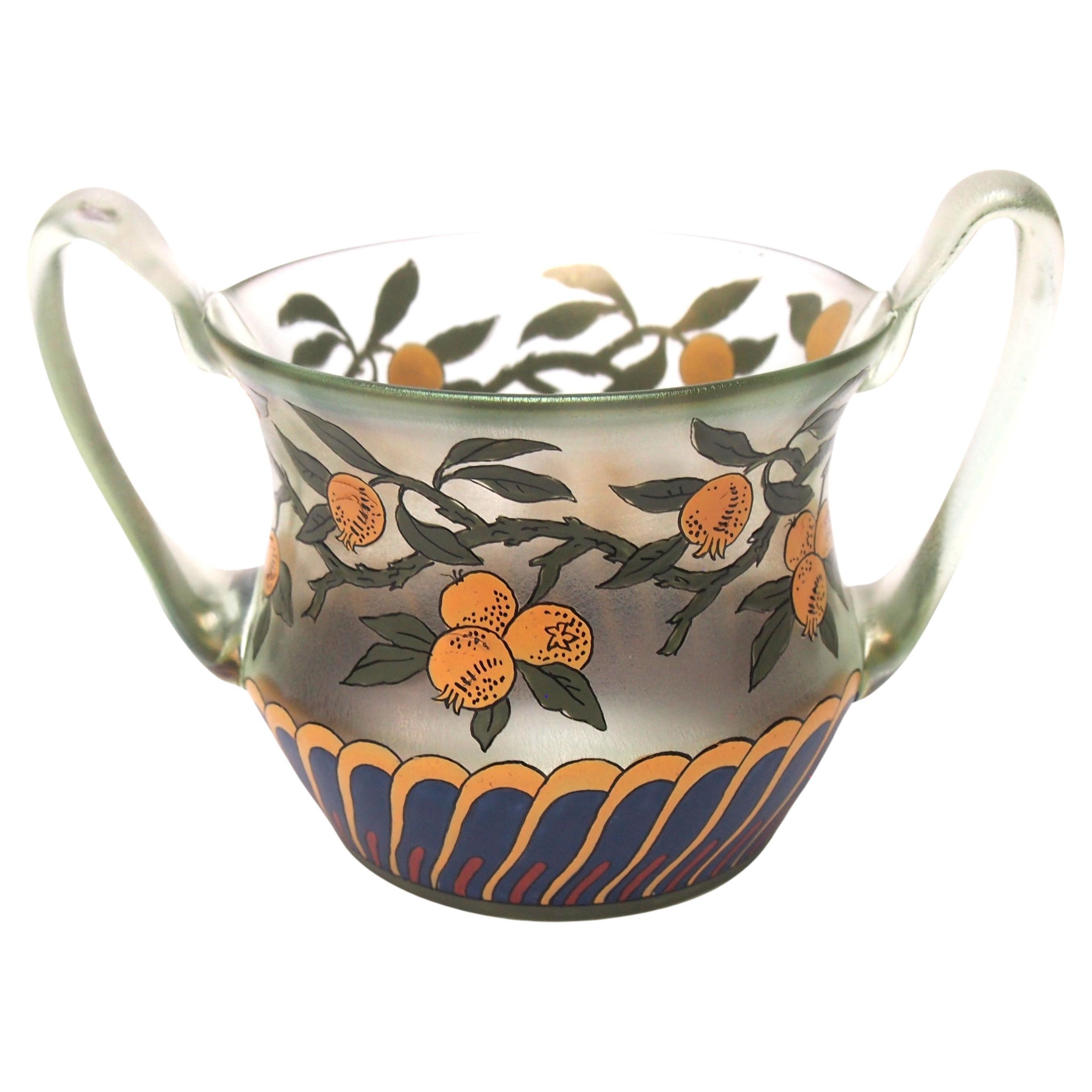 Fritz Heckert Pomegranate Enamelled 2 handled glass vase design by Max Rade 1900 For Sale