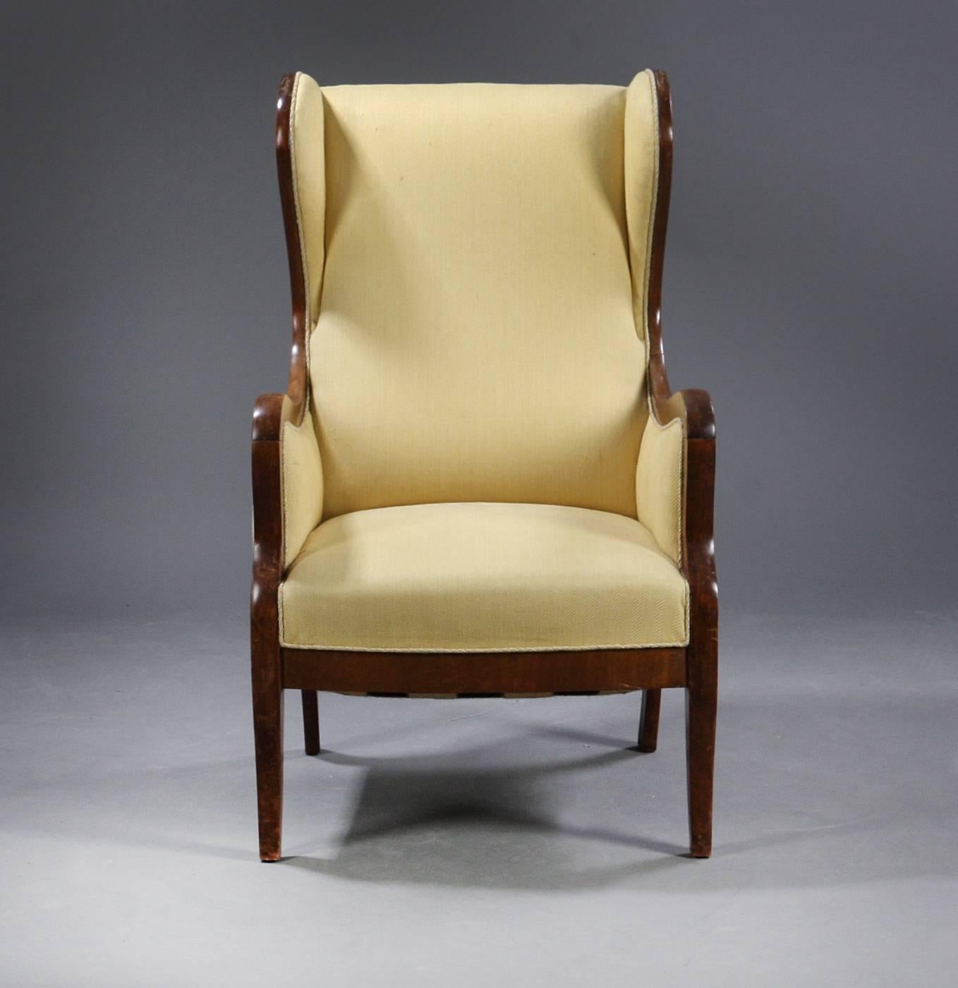 Scandinavian Modern Frits Henningsen Wingback Chair in Mahogany and Wool, Denmark 1940s