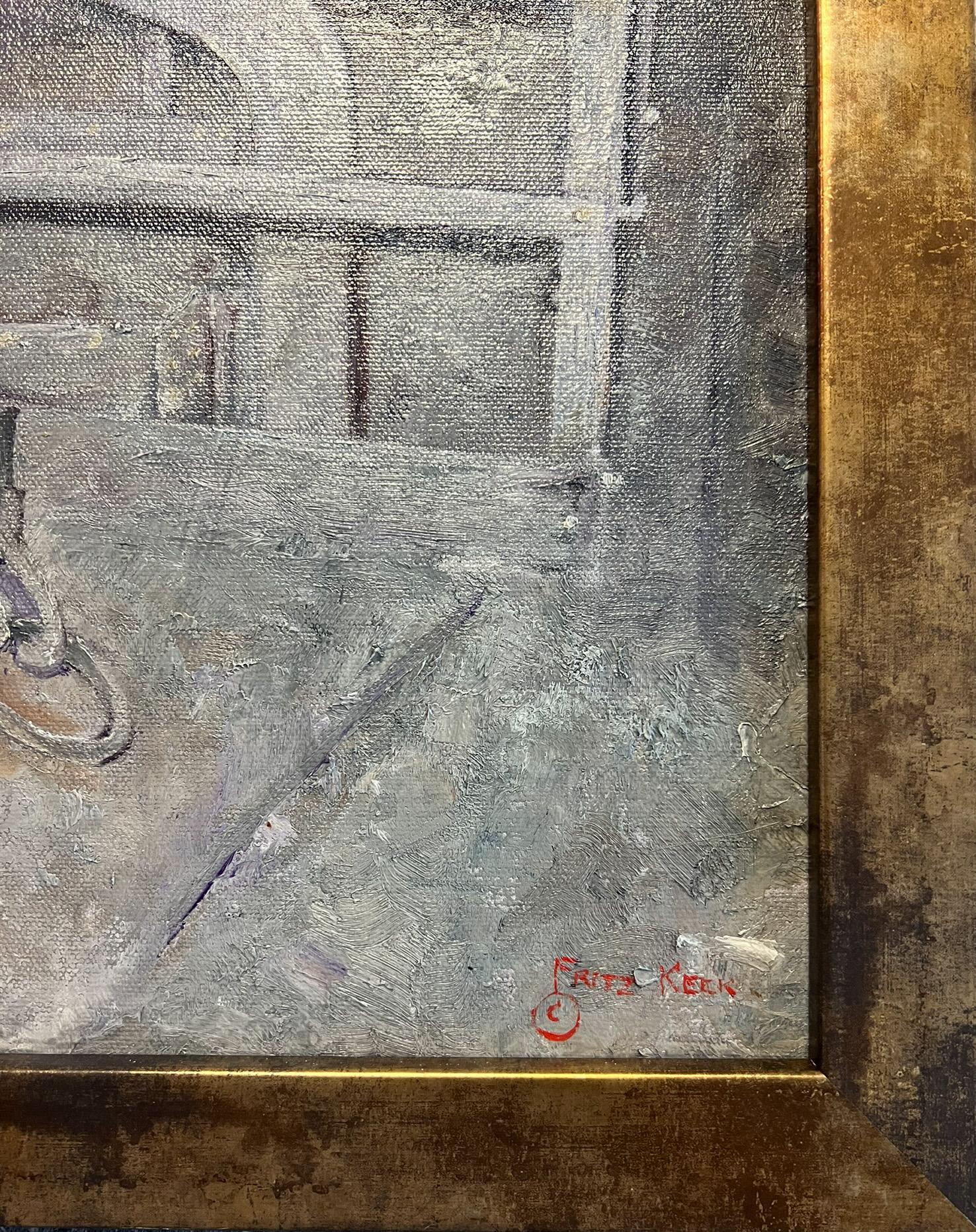 An interior scene of industrial America where workers kept the production of steel going in Pittsburgh, Pennsylvania.  This detailed and atmospheric painting shows the hard work and daily conditions of those who helped to build America.

Fritz Keck