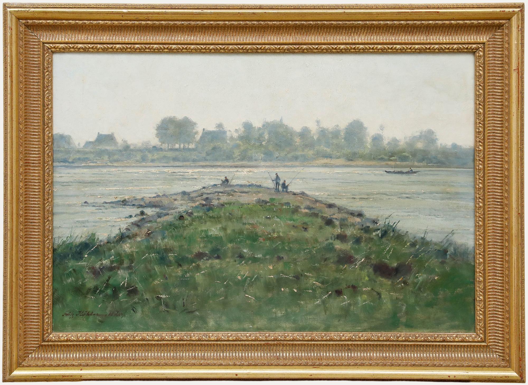 Das stimmungsvolle Ölgemälde von Fritz Kohler (1887-1971) zeigt eine Gruppe von Herren, die an einer Stelle des Rheins angeln. Der Künstler hat die Szene in einem sanften impressionistischen Stil festgehalten, der zu dem ruhigen Sommernachmittag am