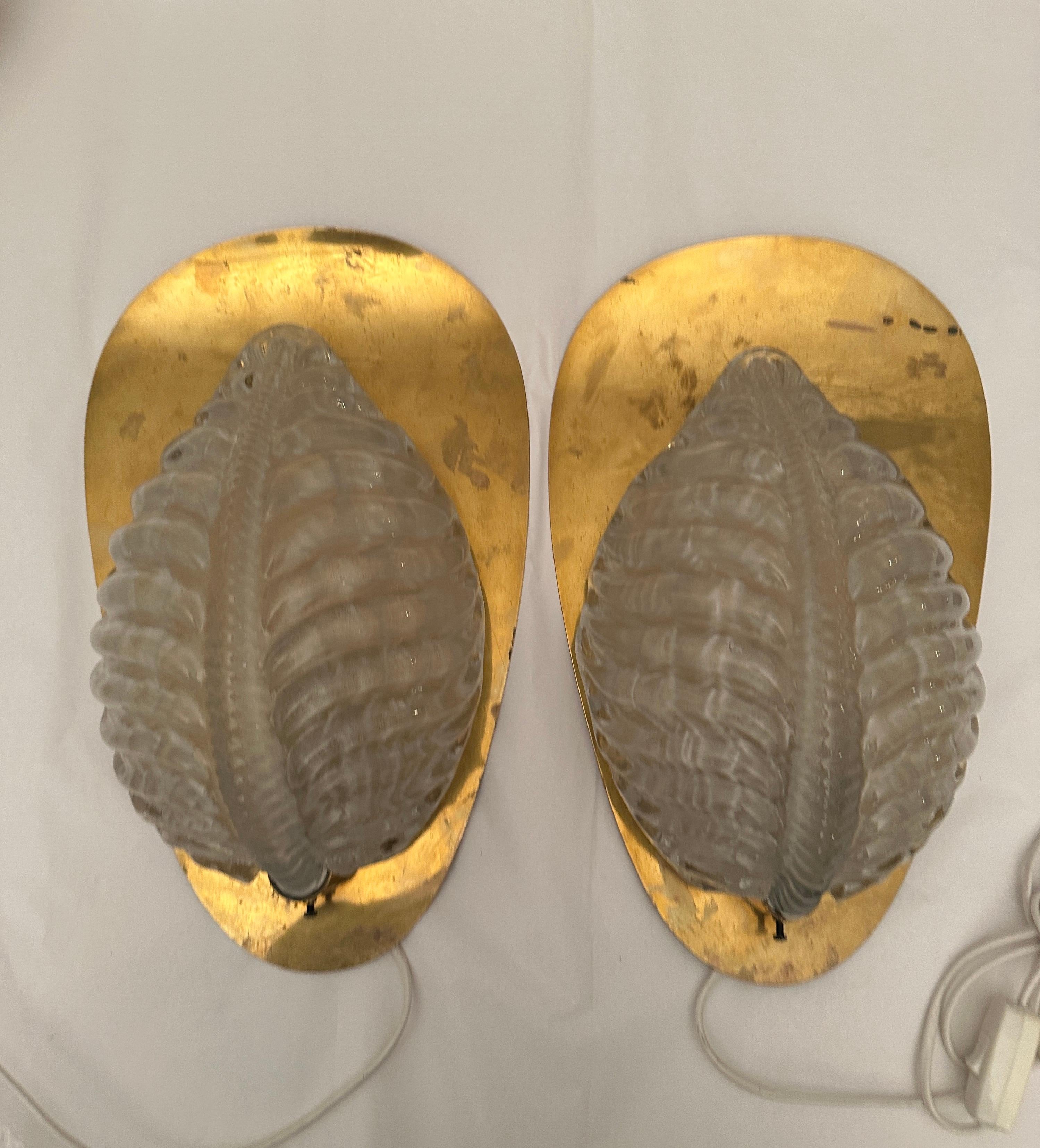 20th Century Fritz kurz sconces leaf shaped brass and glass Orrefors 1960s For Sale