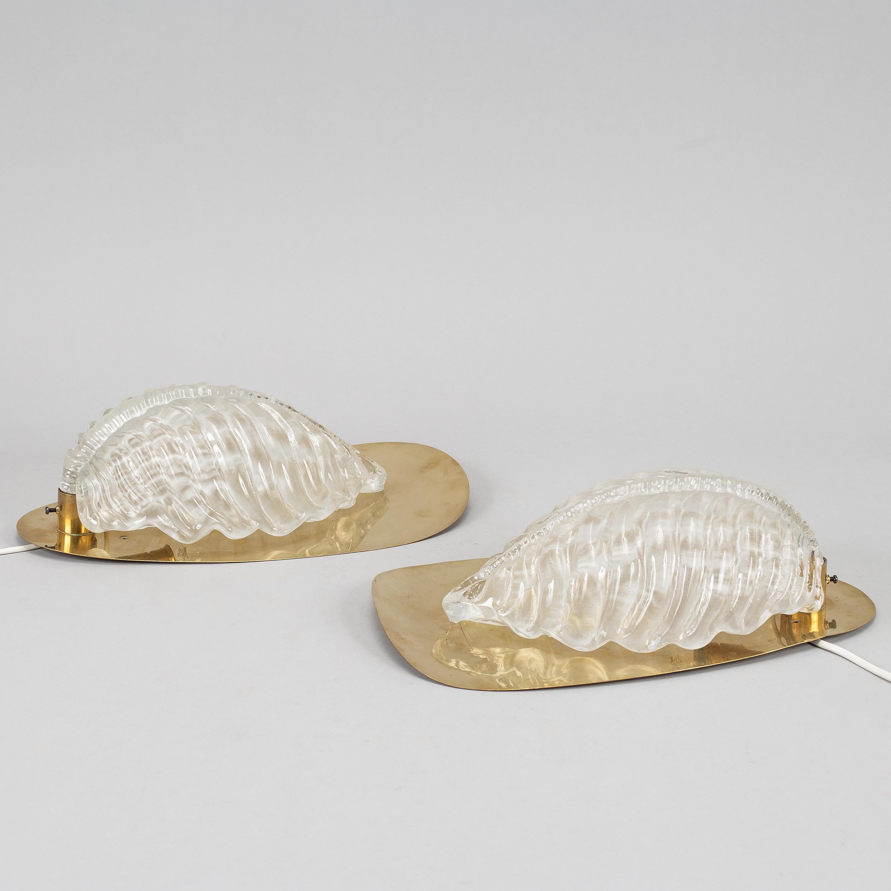 Fritz kurz sconces leaf shaped brass and glass Orrefors 1960s For Sale 2