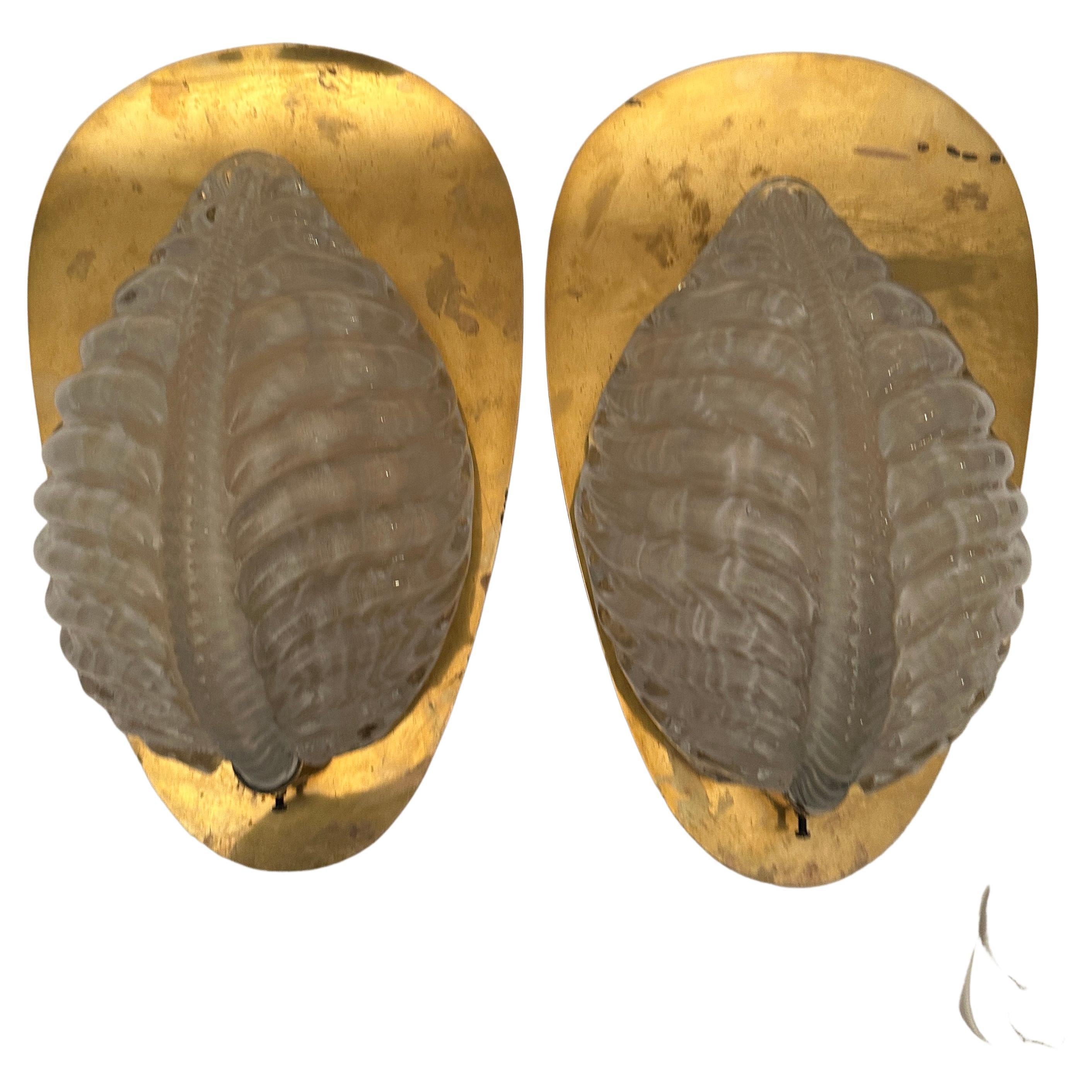 Fritz kurz sconces leaf shaped brass and glass Orrefors 1960s For Sale