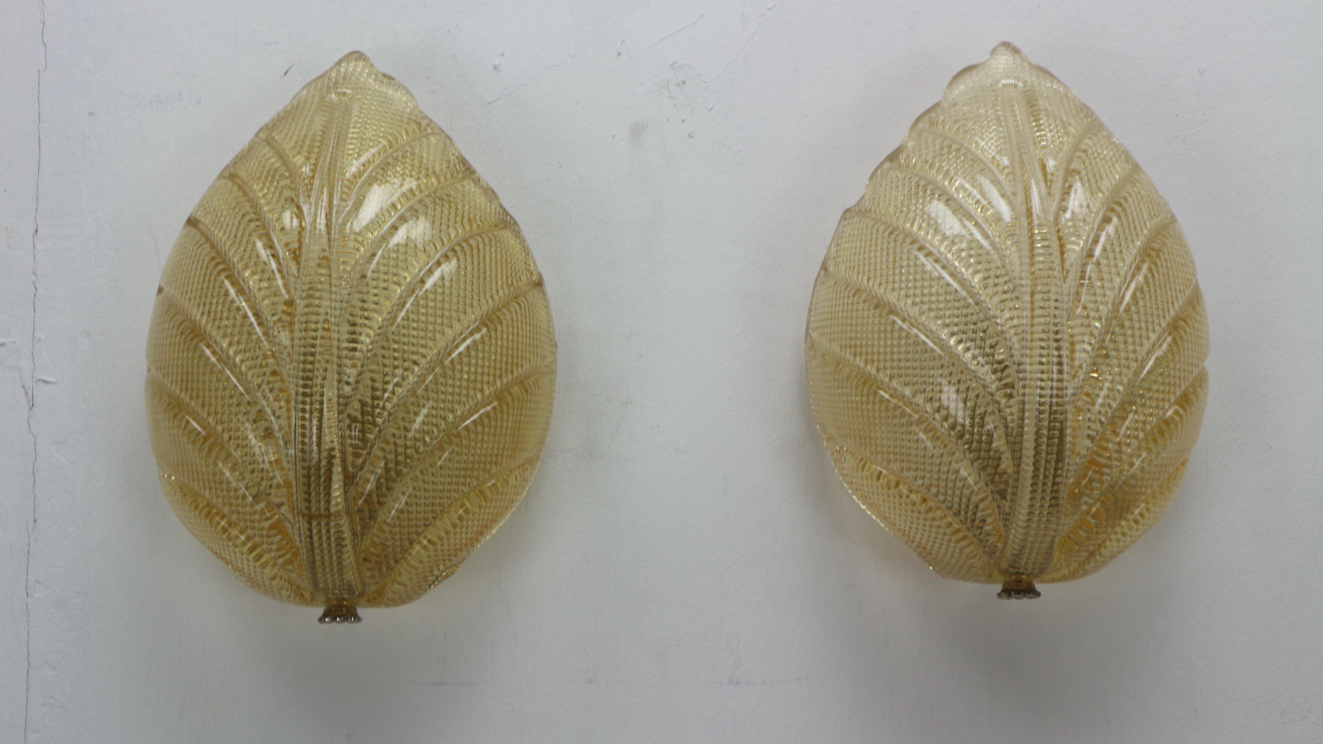 Mid-20th Century Fritz Kurz Set of 2 Swedish Leaf Shaped Wall Sconces for Orrefors, 1960s