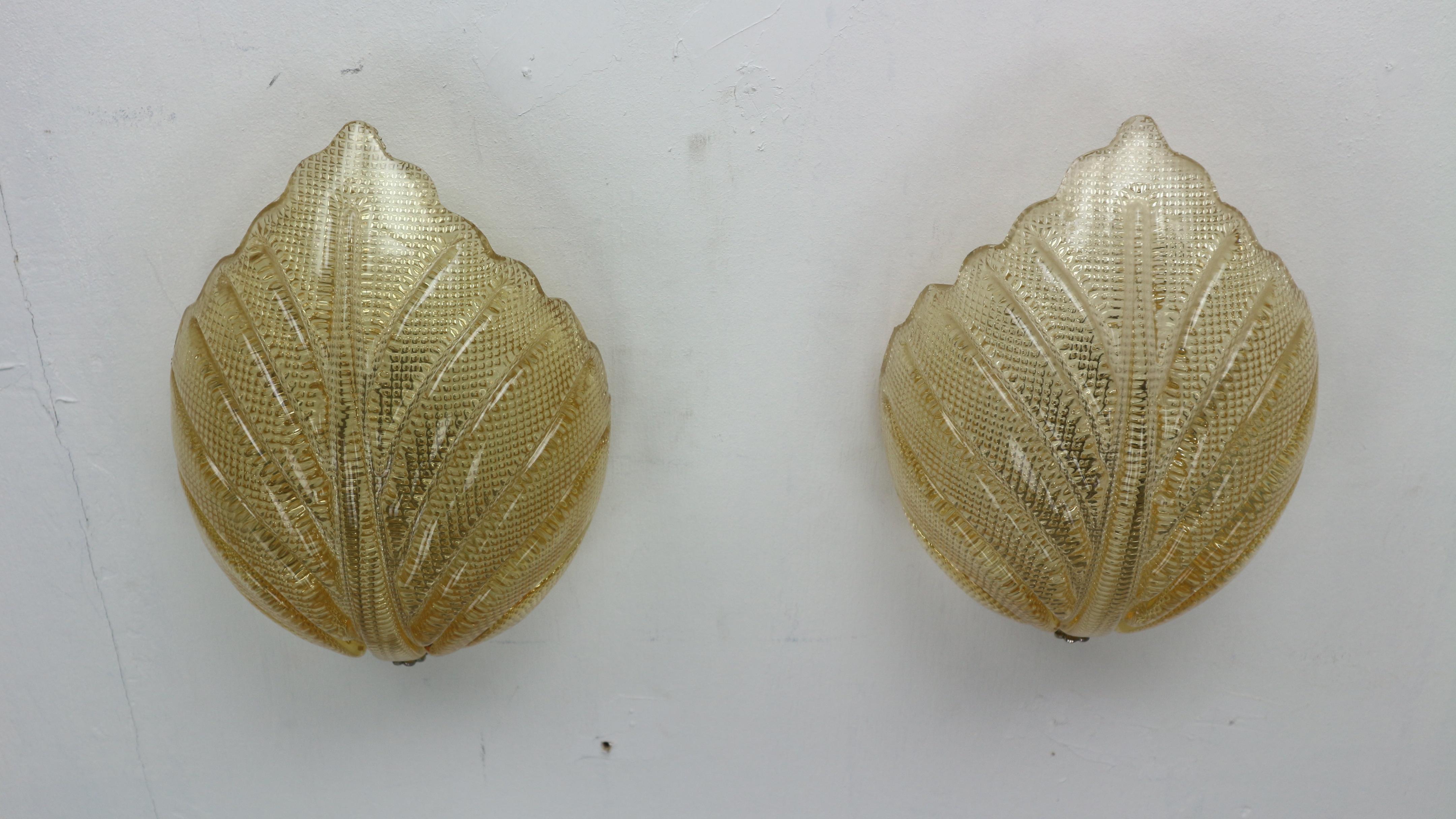 Brass Fritz Kurz Set of 2 Swedish Leaf Shaped Wall Sconces for Orrefors, 1960s