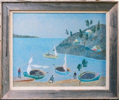 "Haitian Island Scene with Fishermen" Large Nautical Folk Art Painting of Boats