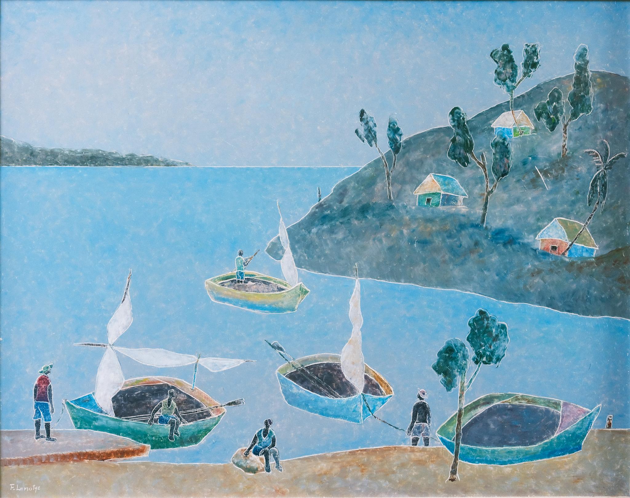 Fritz Lamothe Landscape Painting – "Haitianische Inselszene mit Fischern" Große nautische Volkskunst Gemälde von Booten