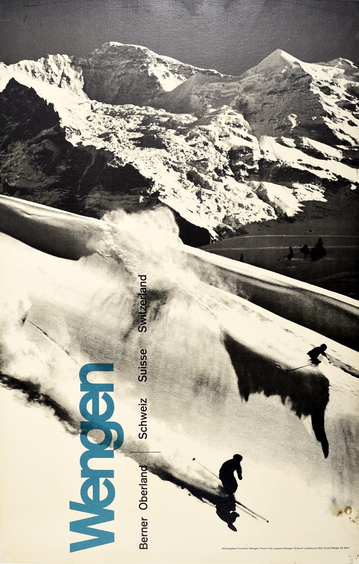 Fritz Lauener Print - Original Vintage Winter Sport Skiing Poster Wengen Berner Oberland Switzerland