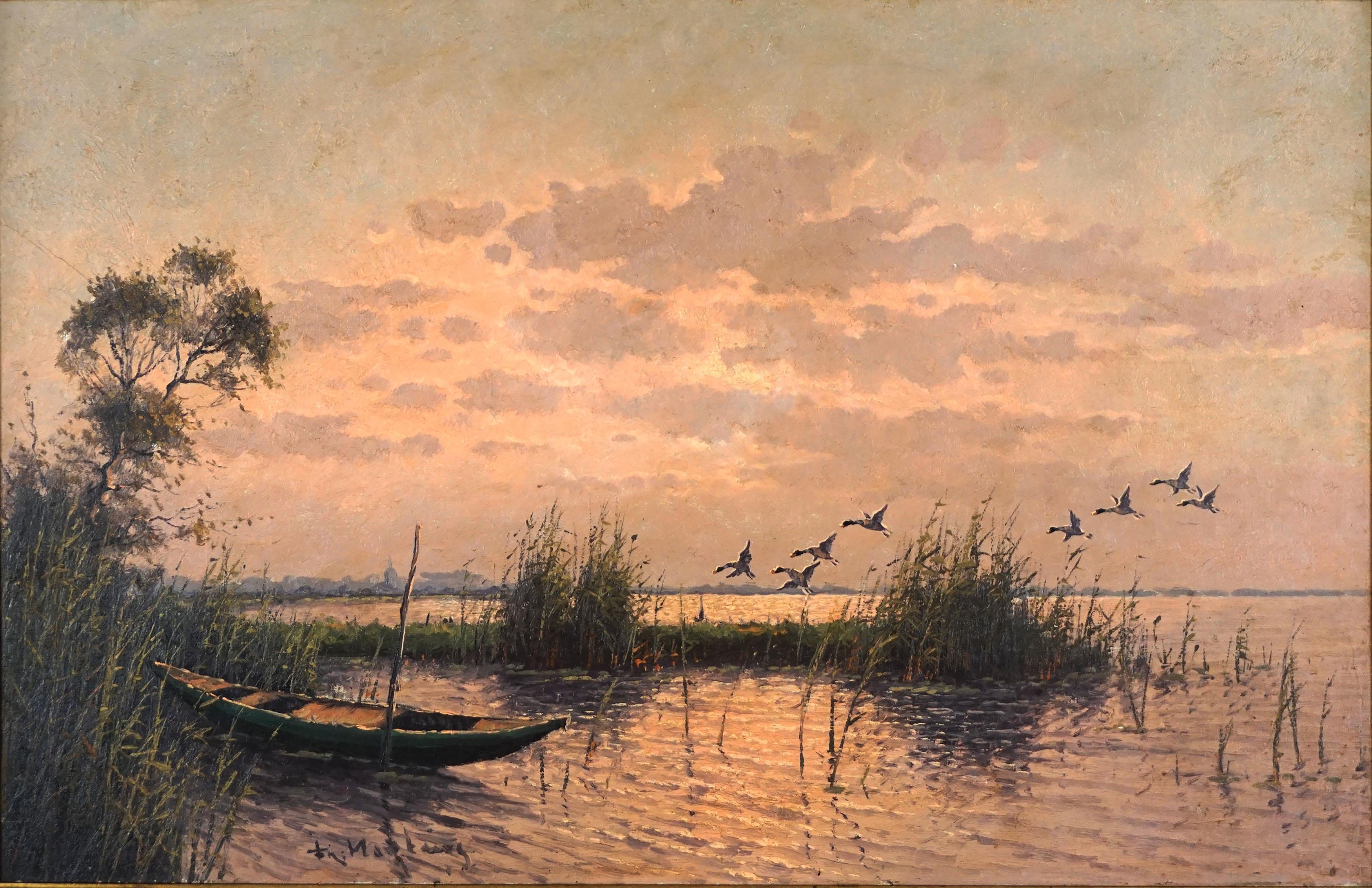 Large Scale Mid Century Landscape with Canadian Geese Landing During Sunset - Painting by Fritz Martens