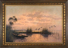 Large Scale Mid Century Landscape with Canadian Geese Landing During Sunset