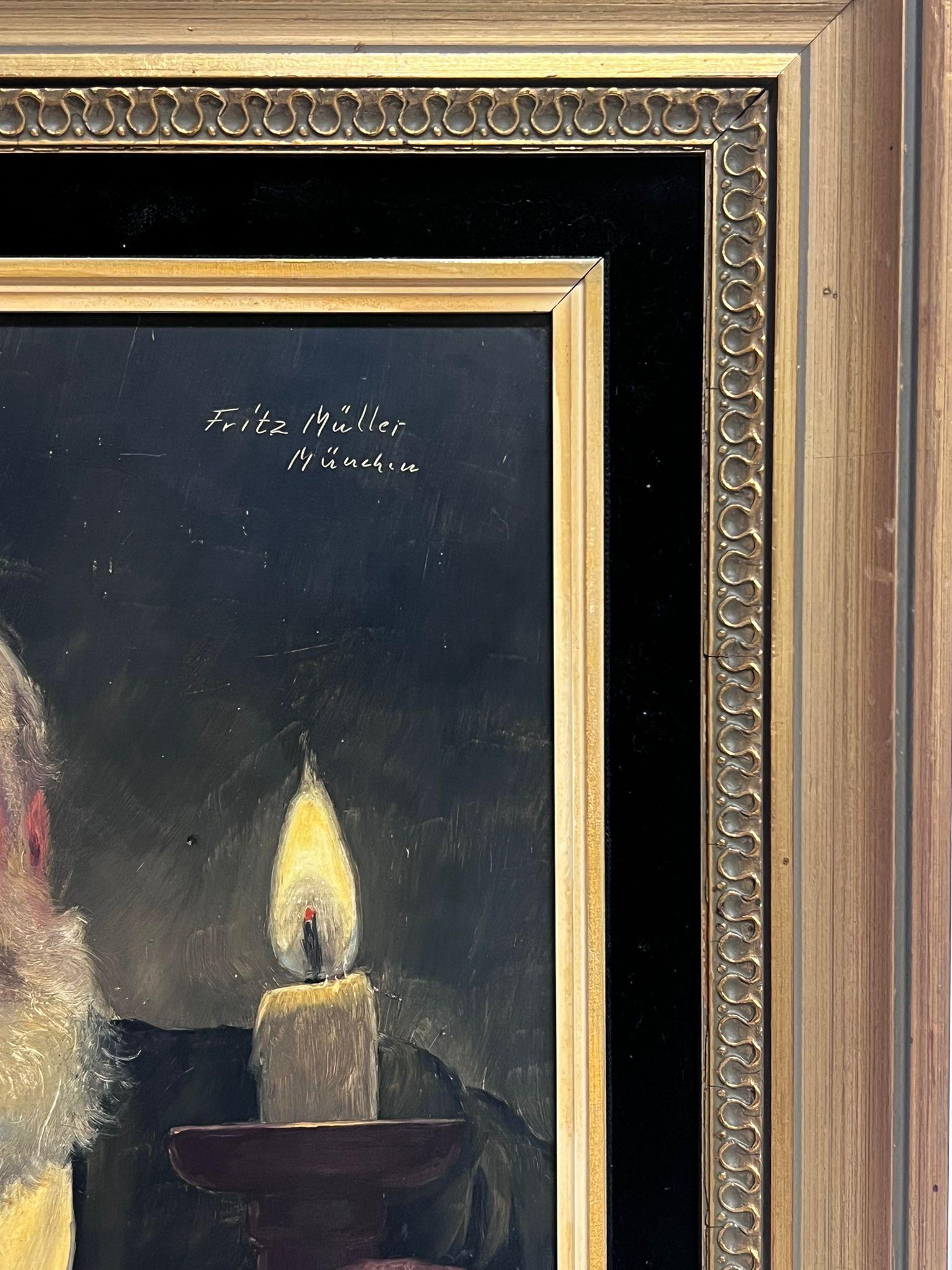 Bavarianischer Gentleman, der eine Kerze hält, feines deutsches Ölgemälde, Porträt eines Mannes – Painting von Fritz Muller