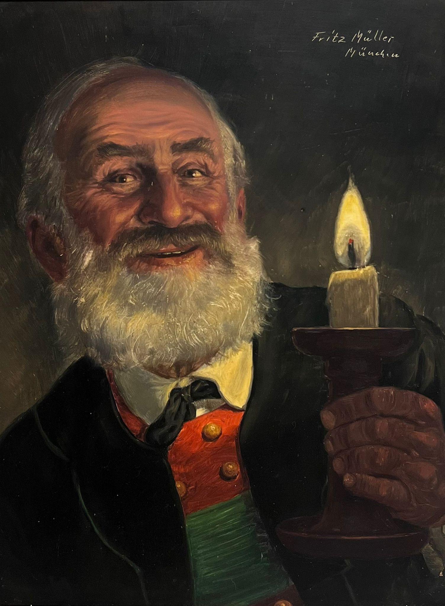 Bavarianischer Gentleman, der eine Kerze hält, feines deutsches Ölgemälde, Porträt eines Mannes (Realismus), Painting, von Fritz Muller