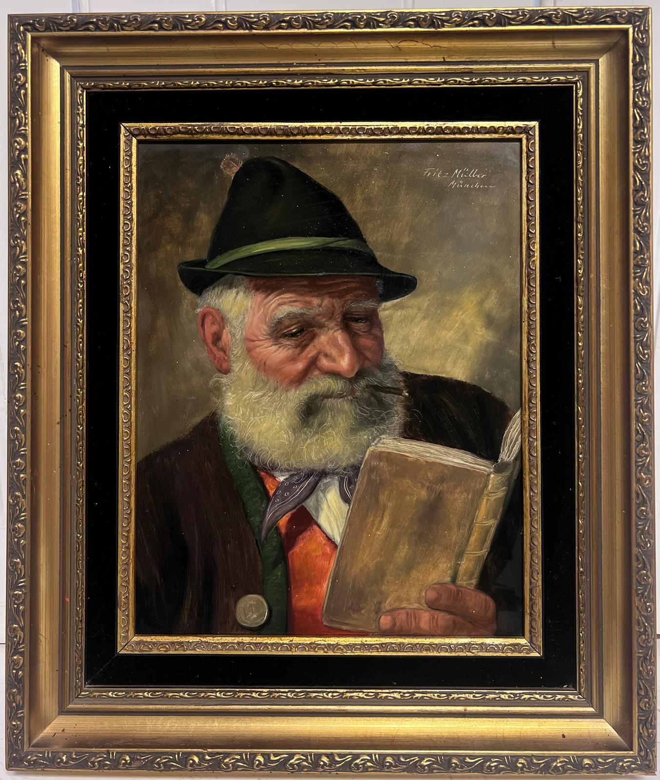 Fine German Portrait of Elderly Man with Beard Enjoying a Smoke and Reading Book - Painting by Fritz Muller
