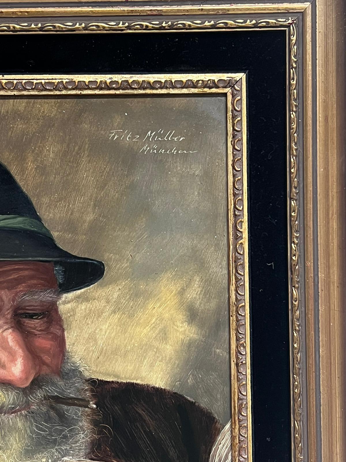 Beau portrait allemand d'un homme âgé avec barbe fumant et lisant un livre - Réalisme Painting par Fritz Muller