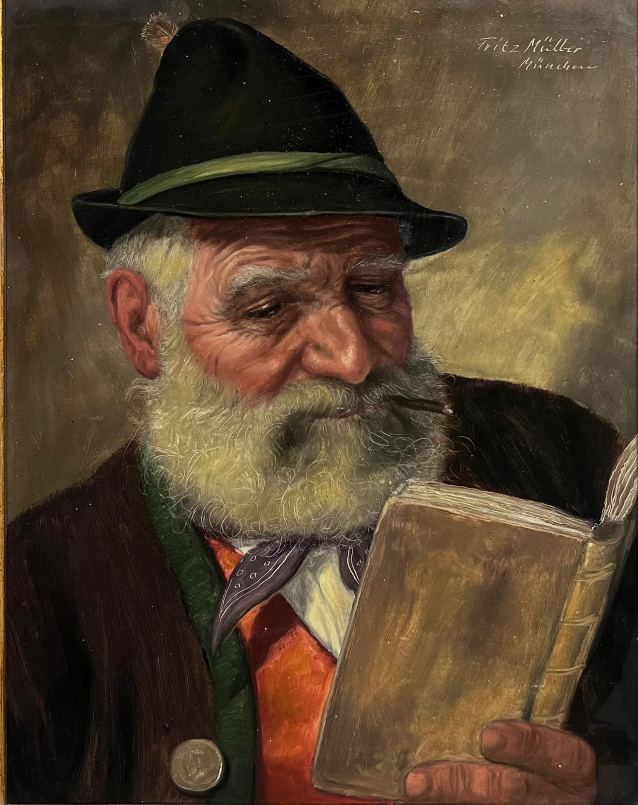 Fritz Muller Figurative Painting - Fine German Portrait of Elderly Man with Beard Enjoying a Smoke and Reading Book