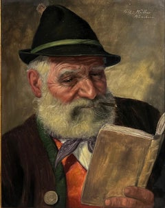 Fine German Portrait of Elderly Man with Beard Enjoying a Smoke and Reading Book
