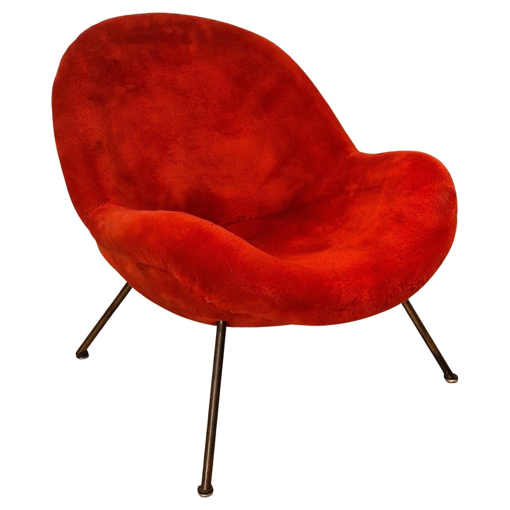 Fauteuil Fritz Neth en tissu rouge d'origine, à retapisser en vente