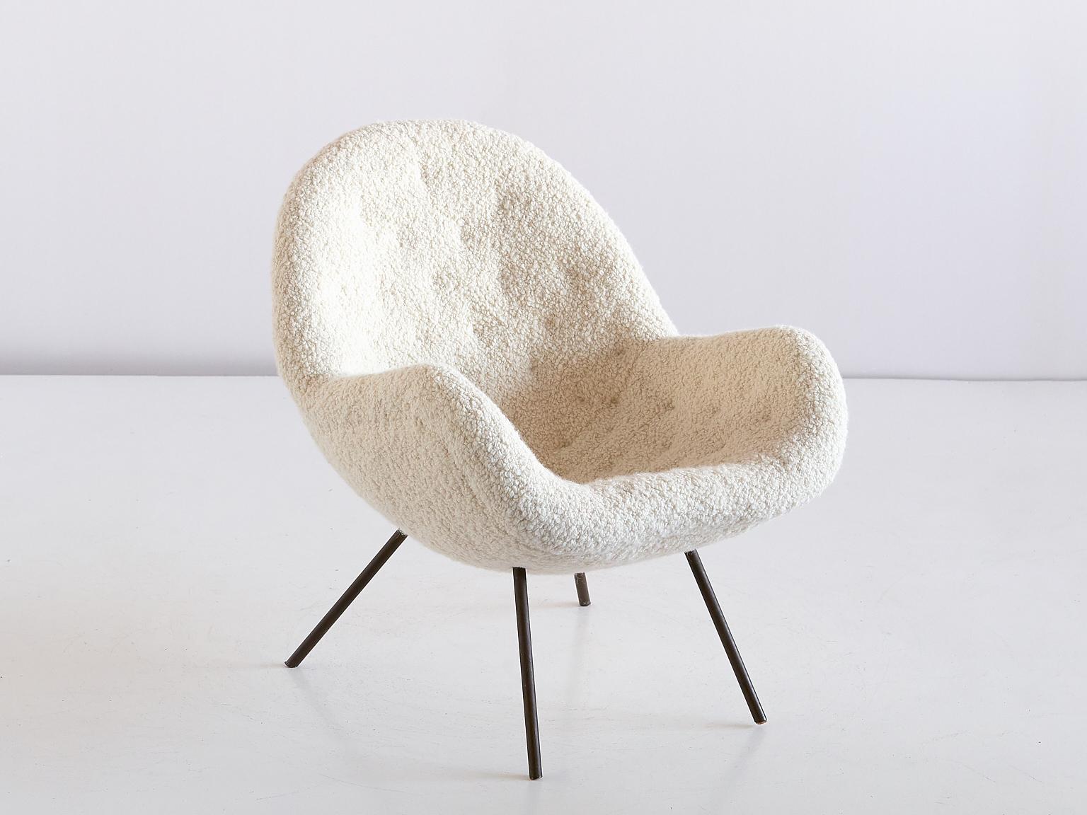 Fritz Neth Egg Shaped Lounge Chair in Ivory Dedar Bouclé, Correcta Kassel, 1950s 4