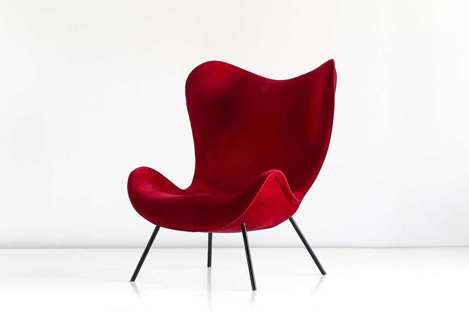 Metal Fritz Neth 'Madame' Lounge Chair in Red Velvet for Correcta, Germany, 1950s