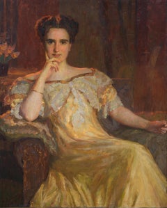 Retrato de dama con vestido dorado, óleo sobre tabla de madera, firmado, 1910