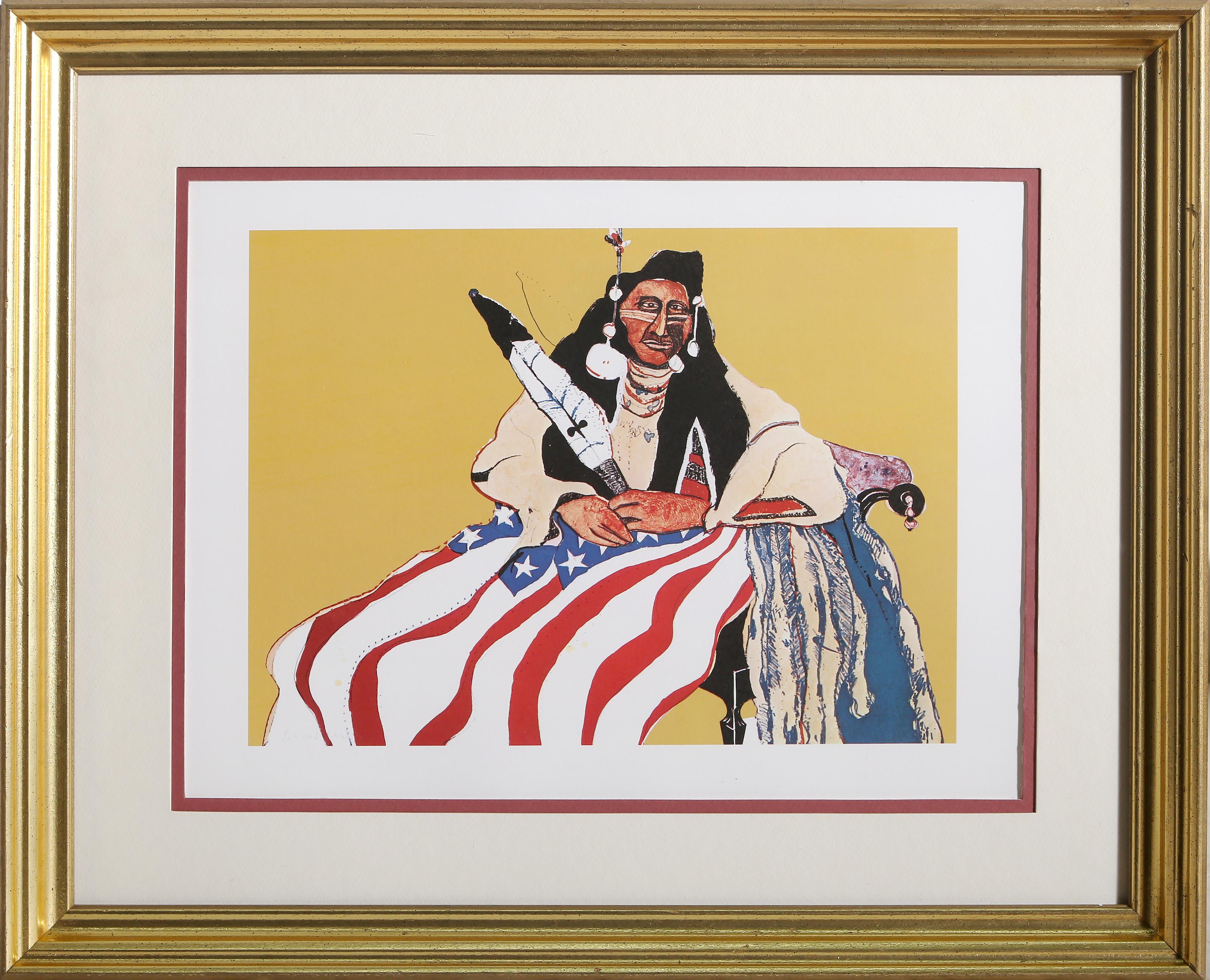 Fritz Scholder, Native American (1937 - 2005) - Bicentennial Indian, Portfolio:  Kent Bicentennial Portfolio, Year:  1975, Medium:  Offset Lithograph, Image Size:  9.5 x 13 inches, Size:  14 x 17 in. (35.56 x 43.18 cm), Frame Size:  18 x 22 inches,