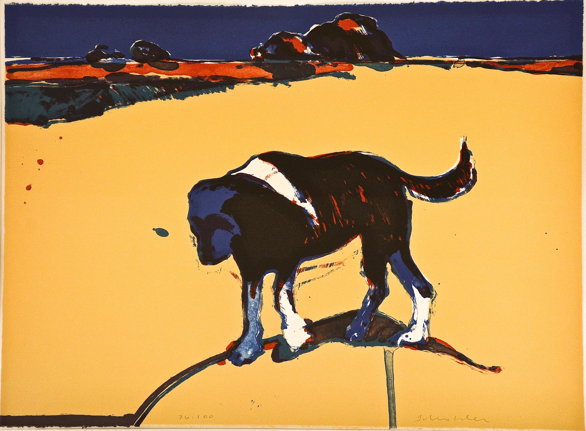 Fritz Scholder  (1937 2005)
Perro de paseo
1977
Litografía, Edición 80/100
Firmado a mano "Scholder" abajo a la derecha, numerado abajo a la izquierda.
Tamaño de la hoja completa, 22 pulgadas x 30 pulgadas.

Imprenta: Instituto Tamarindo
Papel: