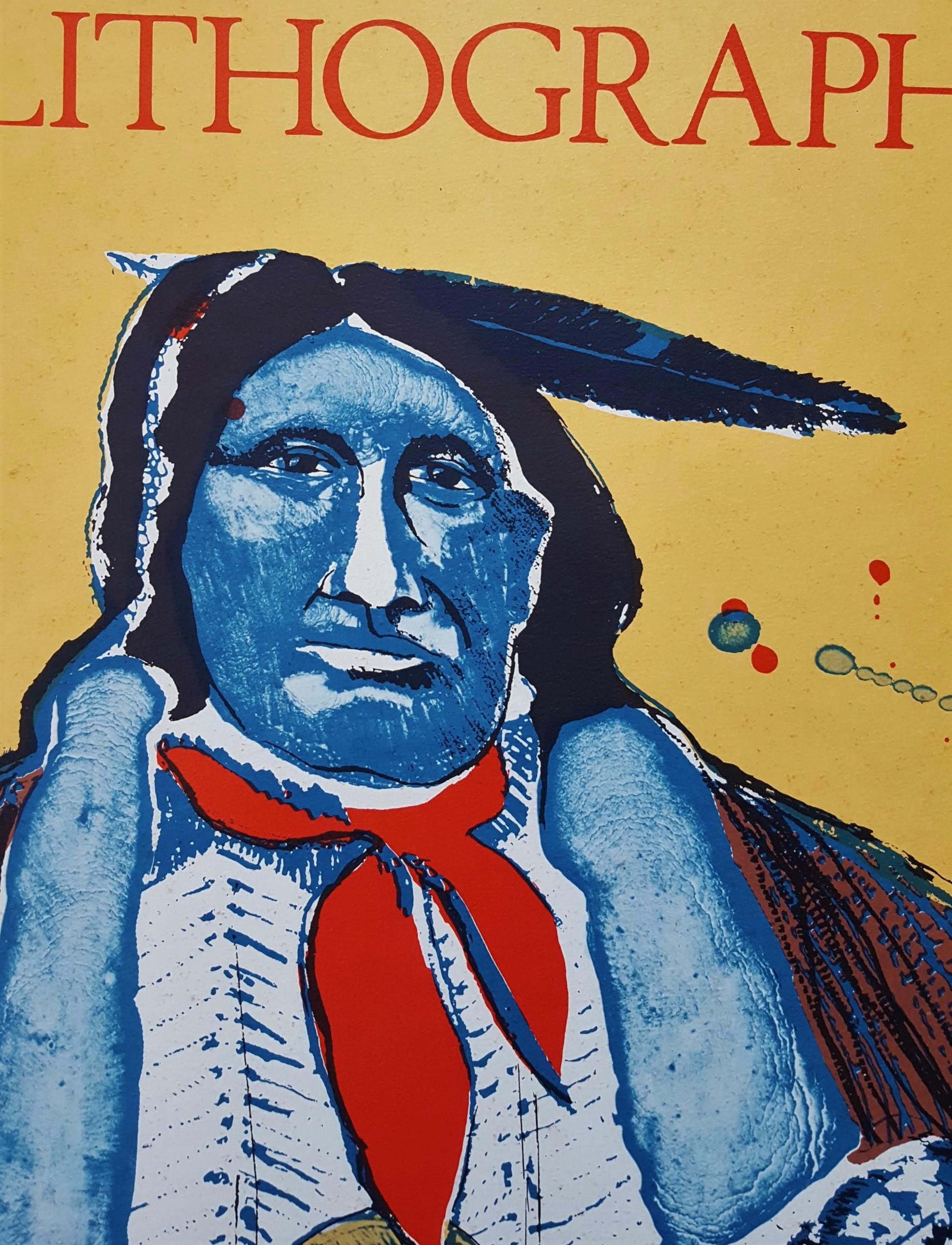 An original five color lithograph and offset-lithograph poster on heavy wove paper after Native American artist Fritz Scholder (1937-2005) titled 