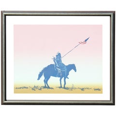 Vintage Limited Edition Lithograph of a Native American with a Flag