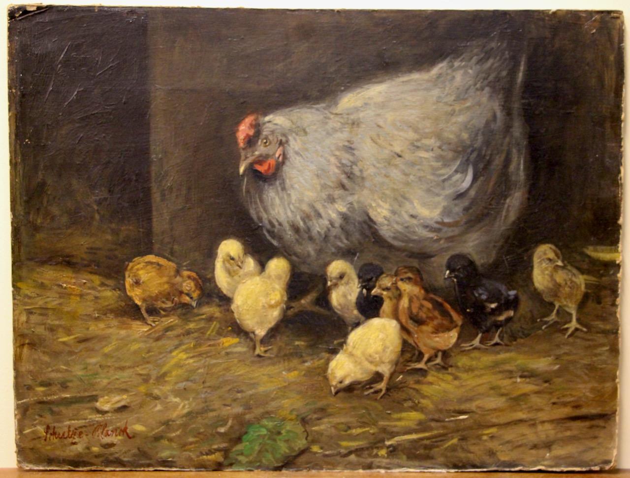 Fritz Schulze-Blank - Henne mit Küken, Öl auf Karton im Angebot 1