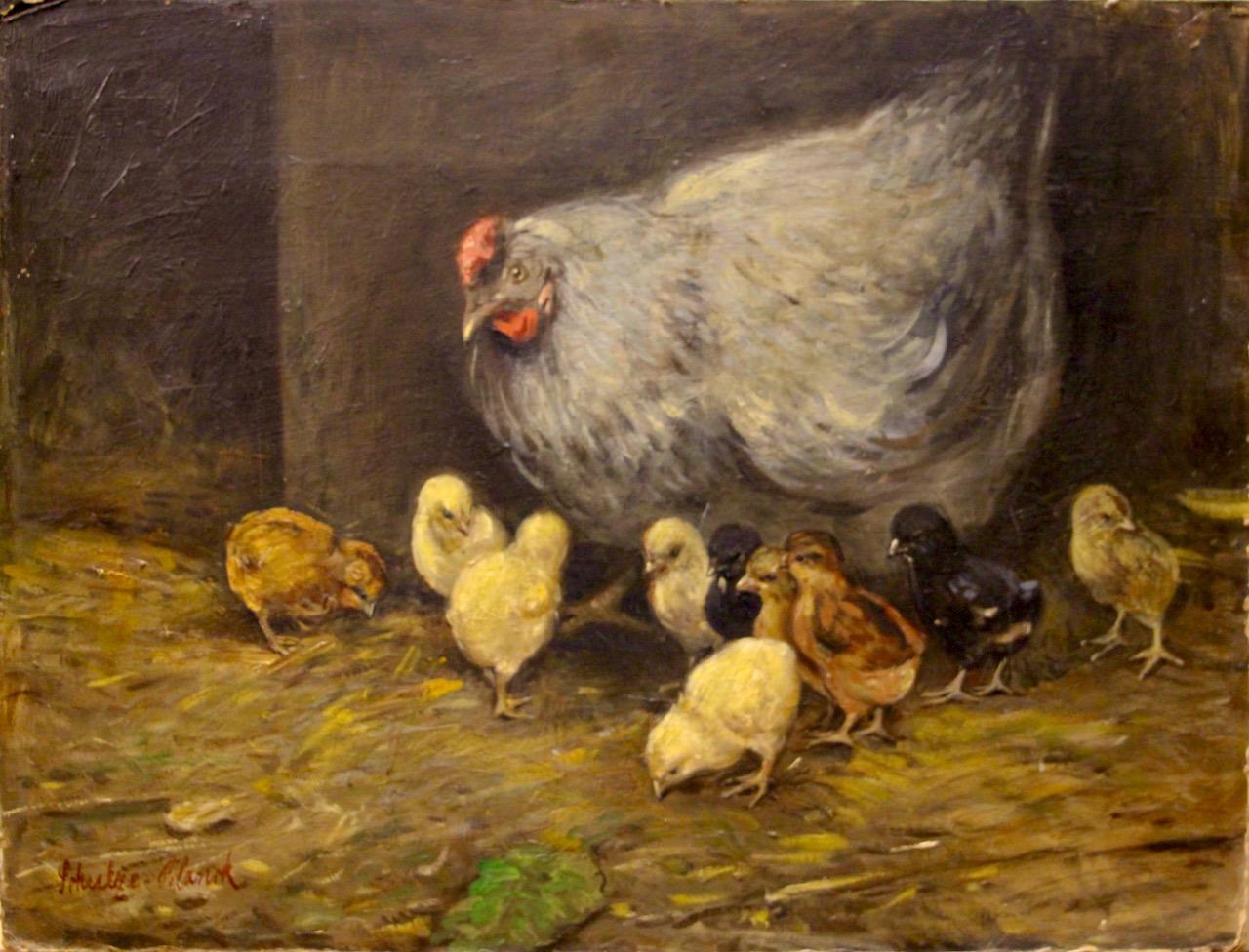 Fritz Schulze-Blank - Henne mit Küken, Öl auf Karton im Angebot 2